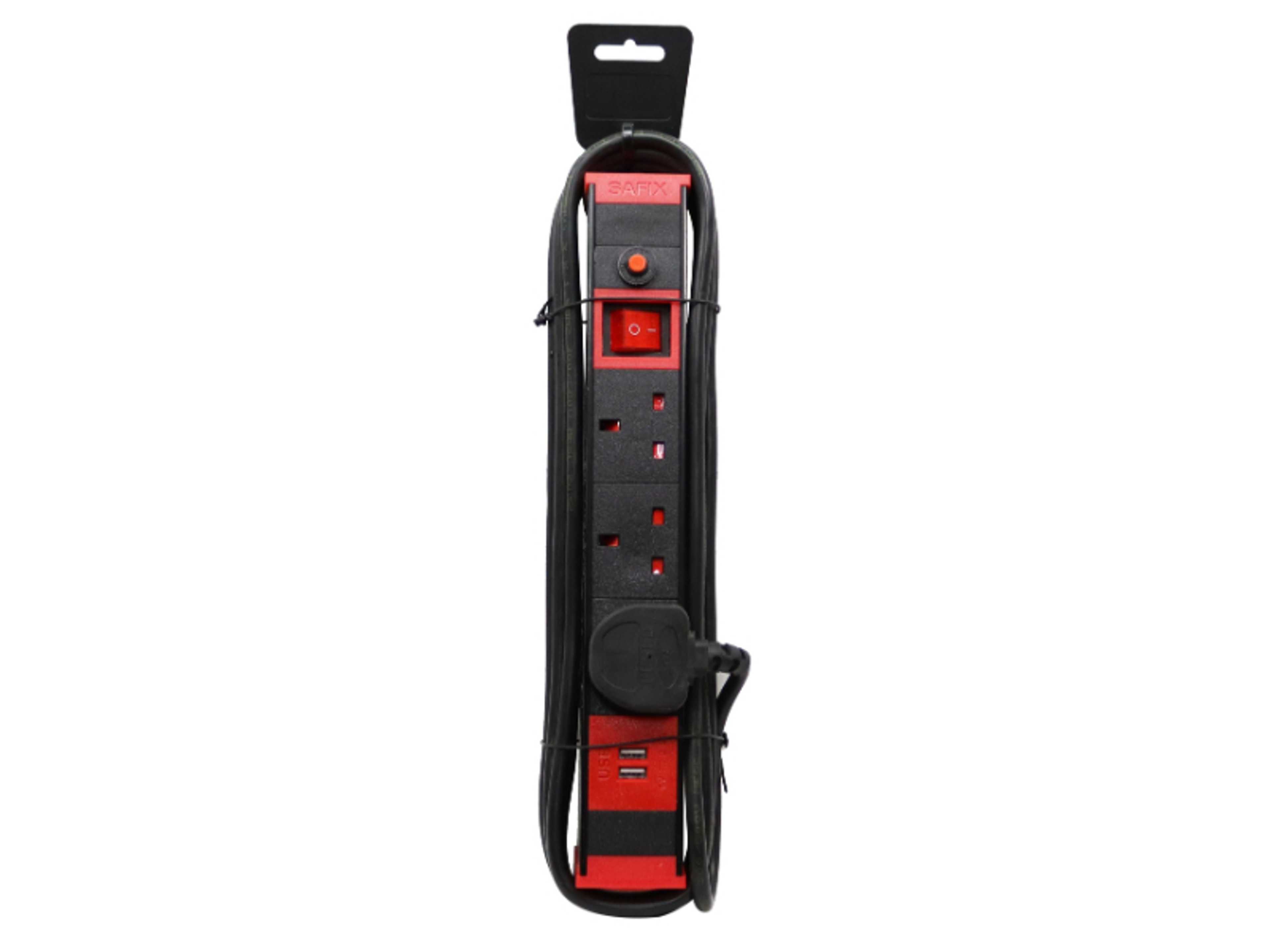 3 Yard Power Extension Cord, Multiplug with Fast USB charging slots 3 Way power Strip and On Off Switch Black Red - Product Main Image