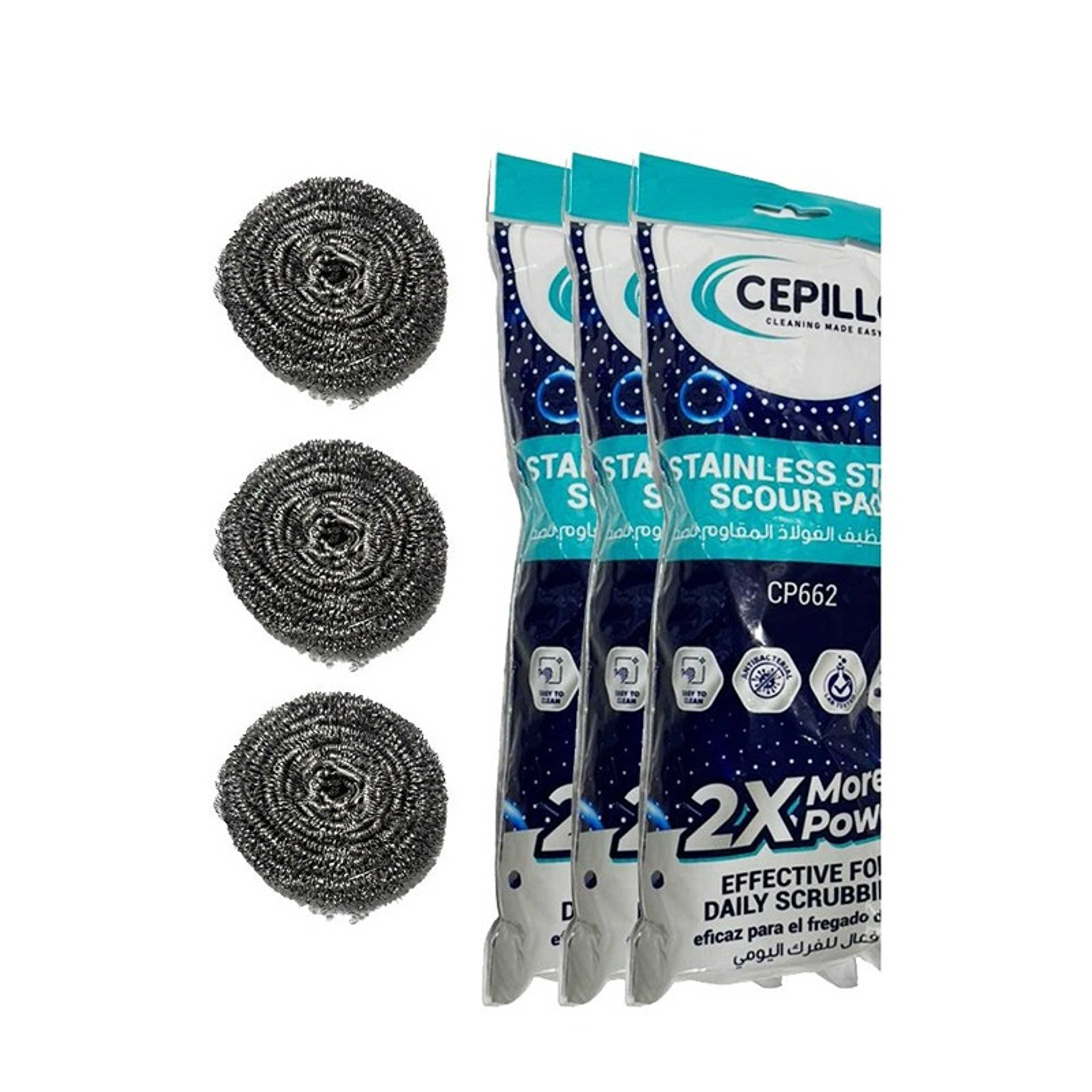 3pcs Stainless Steel Scrubber Scour Pad | Kitchen Scrubbers For Dishes | Household Surfaces | Ideal for Cast Iron Pans, Grills, Sinks, Bathroom | Cleaning Steel Wool Metal Scrubber - SILVER Set of 3 - Product Main Image