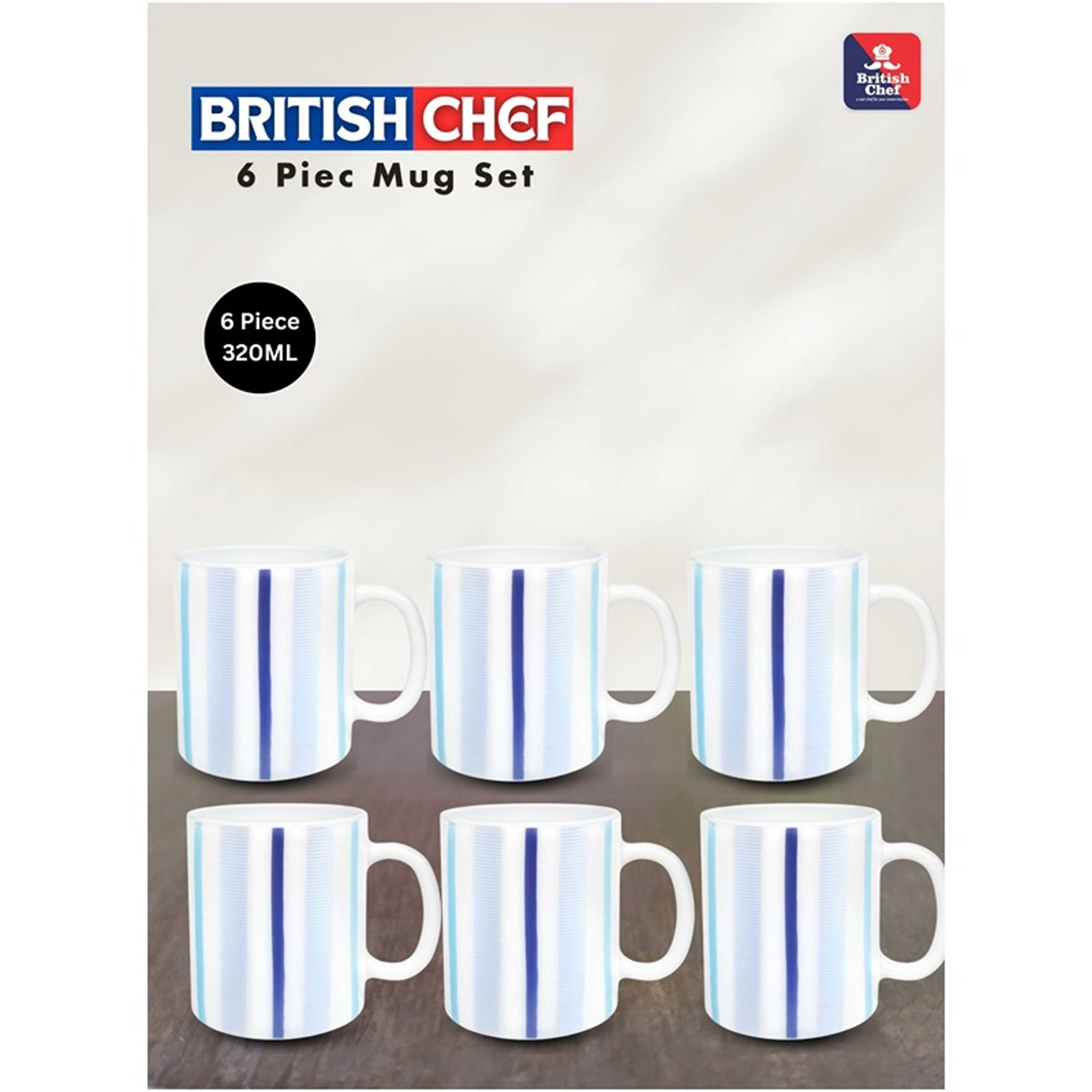 Blue Strip 6 Piece Opalware Plano  Tea & Coffee Mug Set 320ML |  Microwave & Dishwasher Safe | Freeze Resistant - Product Main Image