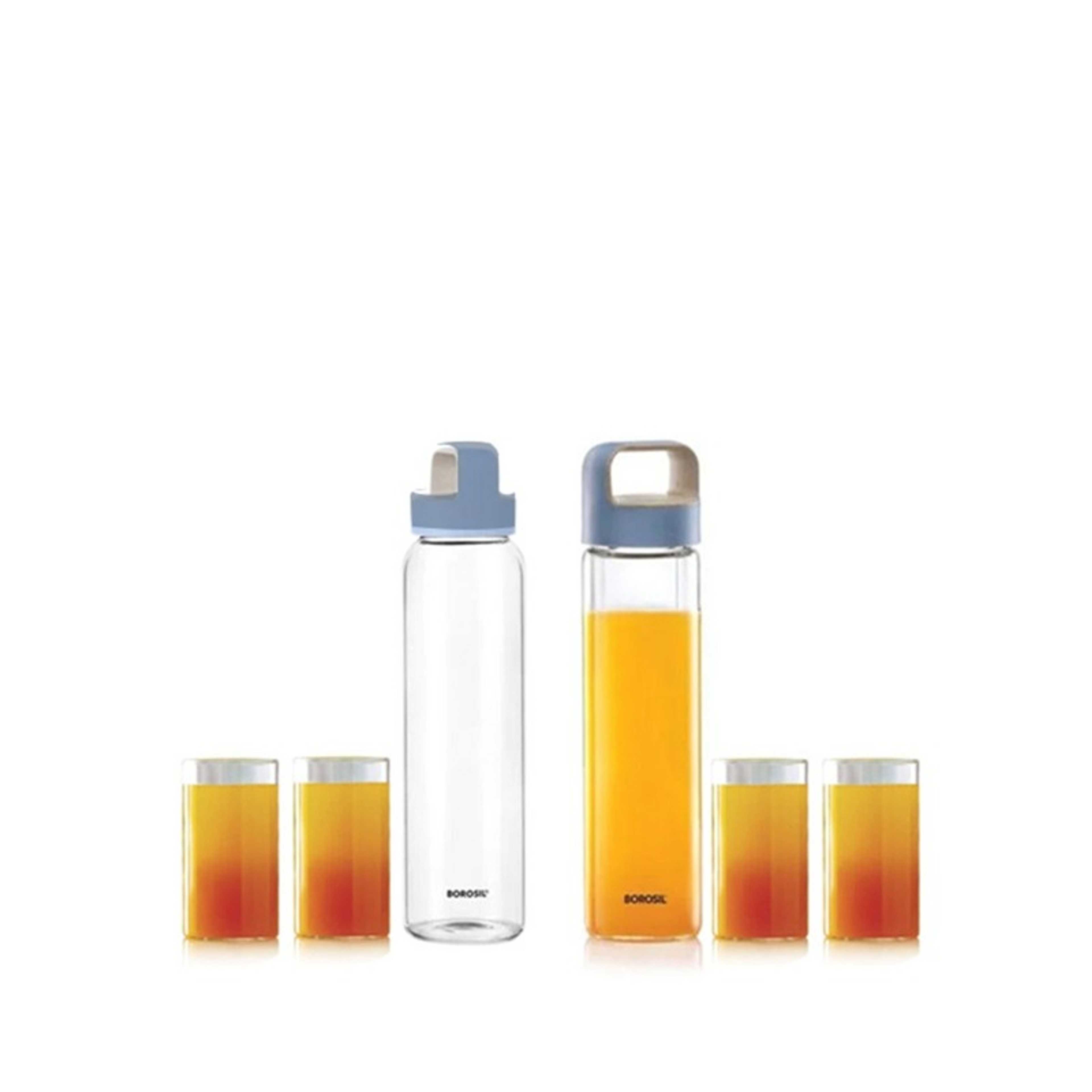 550 ml 2 Neo Glass Bottle With 295 ml 4 Medium Glass | Hydration Gift Set | Borosilicate Glass Water Bottle | Extreme Temperature Resistant For Hot & Cold Water | 4 Juice Glass Microwave Safe - Product Main Image