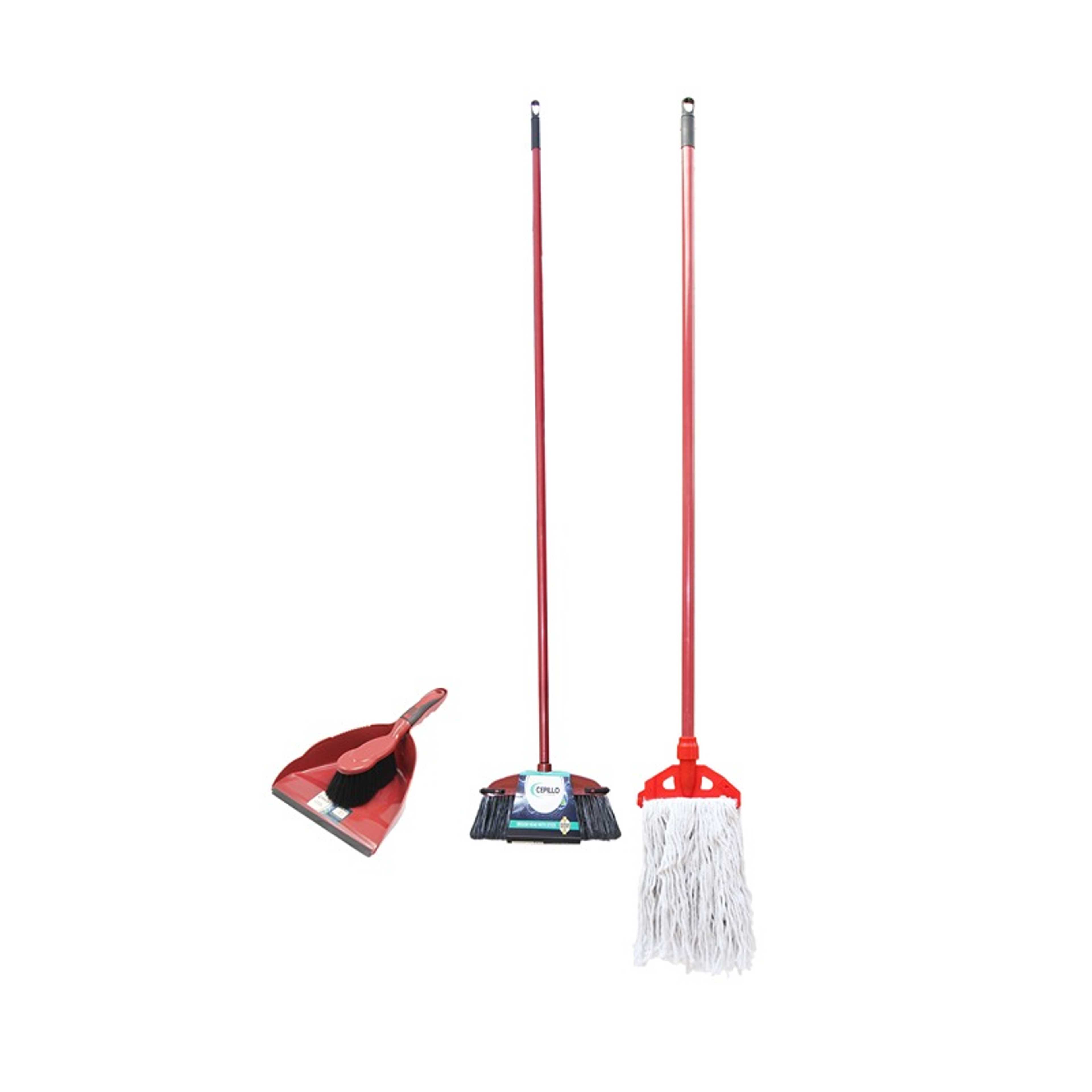 Cepillo Long Handle Cleaning Broom brush +  Dustpan with broom +  Floor Cleaning Wet Mop Red/White, combo SET OF 3 - Product Main Image