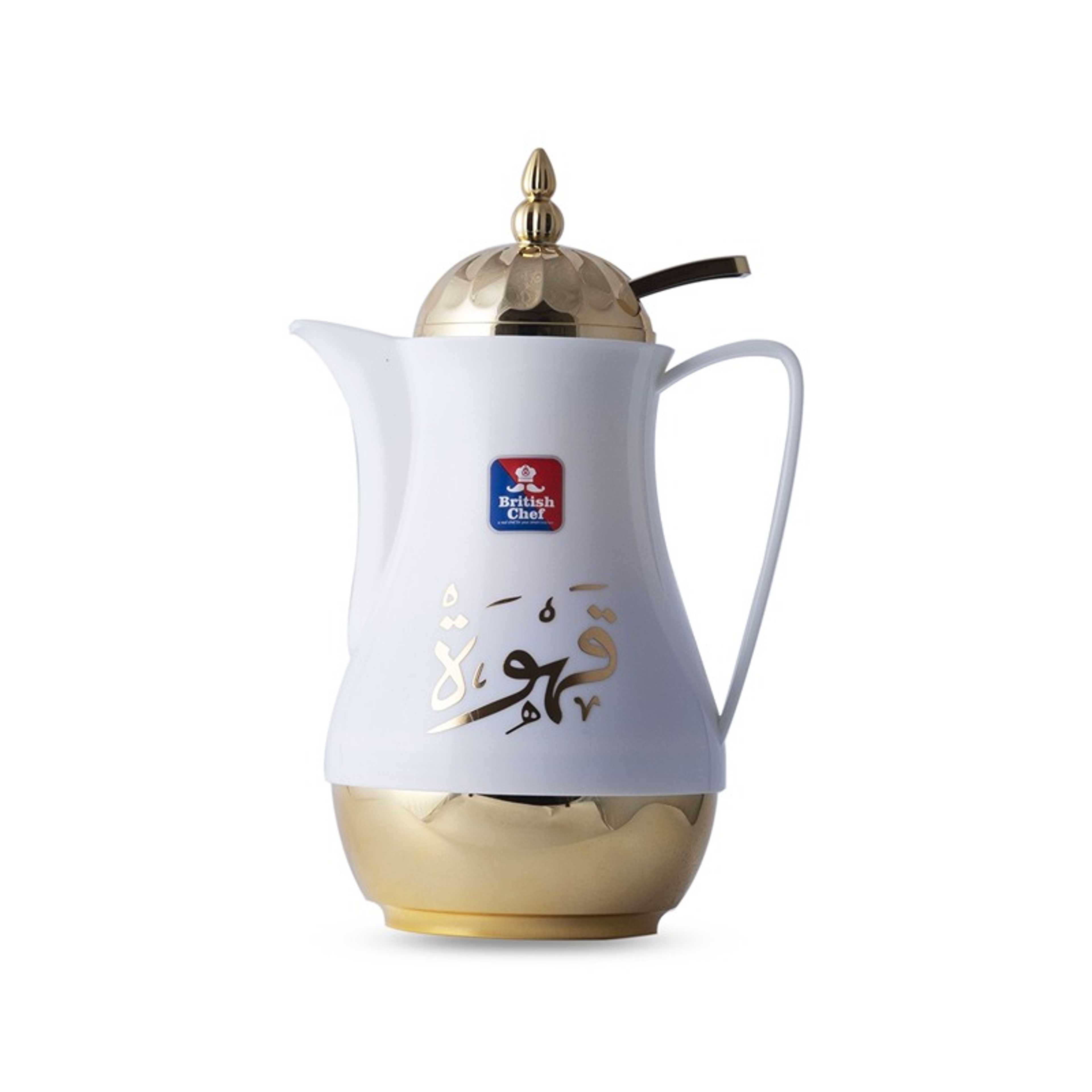 Tea & Cawa Vacuum Flask Thermos with Double Wall Glass liner Insulated for Keeping Hot/Cold Long Hour - 1L, White/Gold - Product Main Image