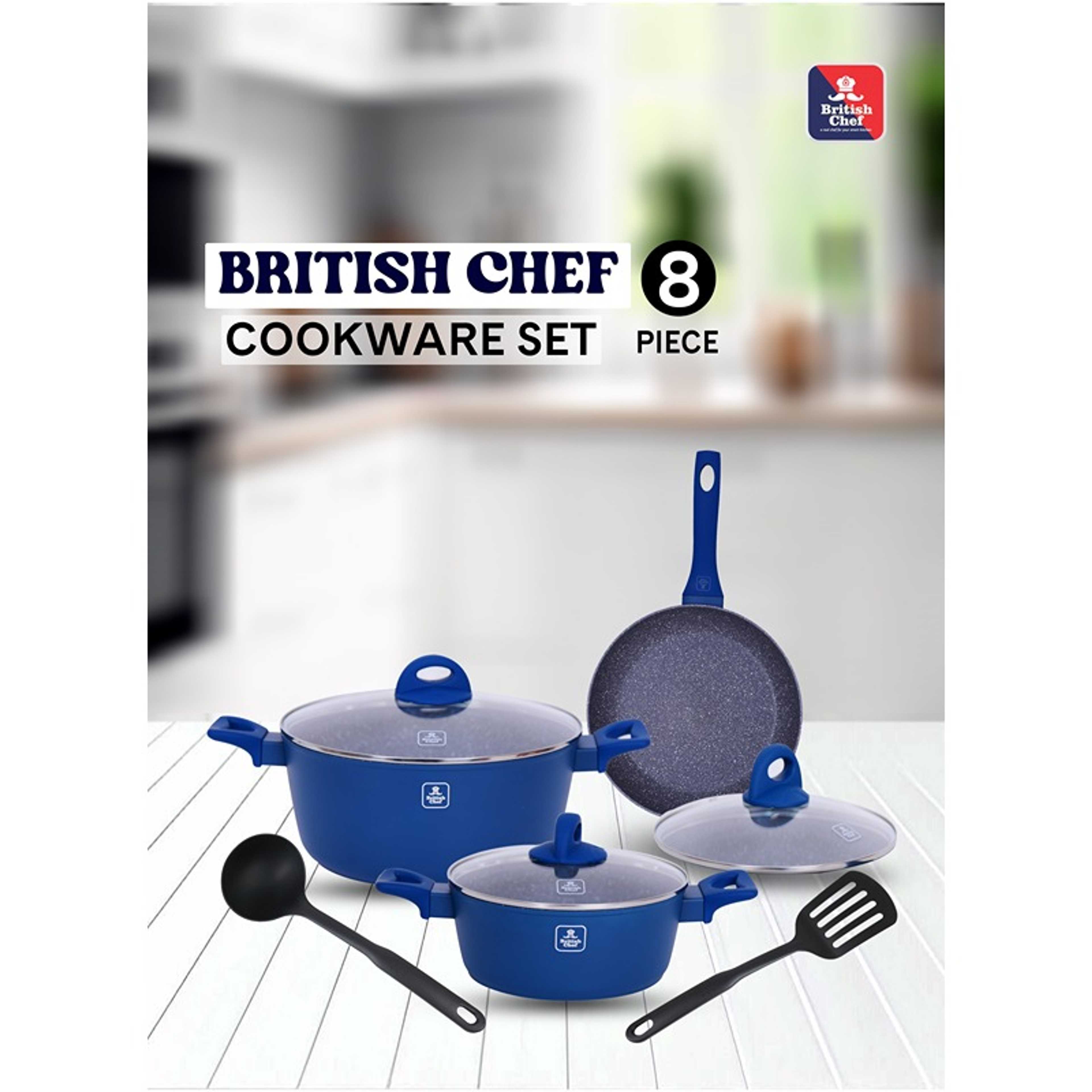 8 Piece Granite Cookware Set, Casserole With Lid, Frying Pan With Lid & Kitchen Tools, Blue - Product Main Image