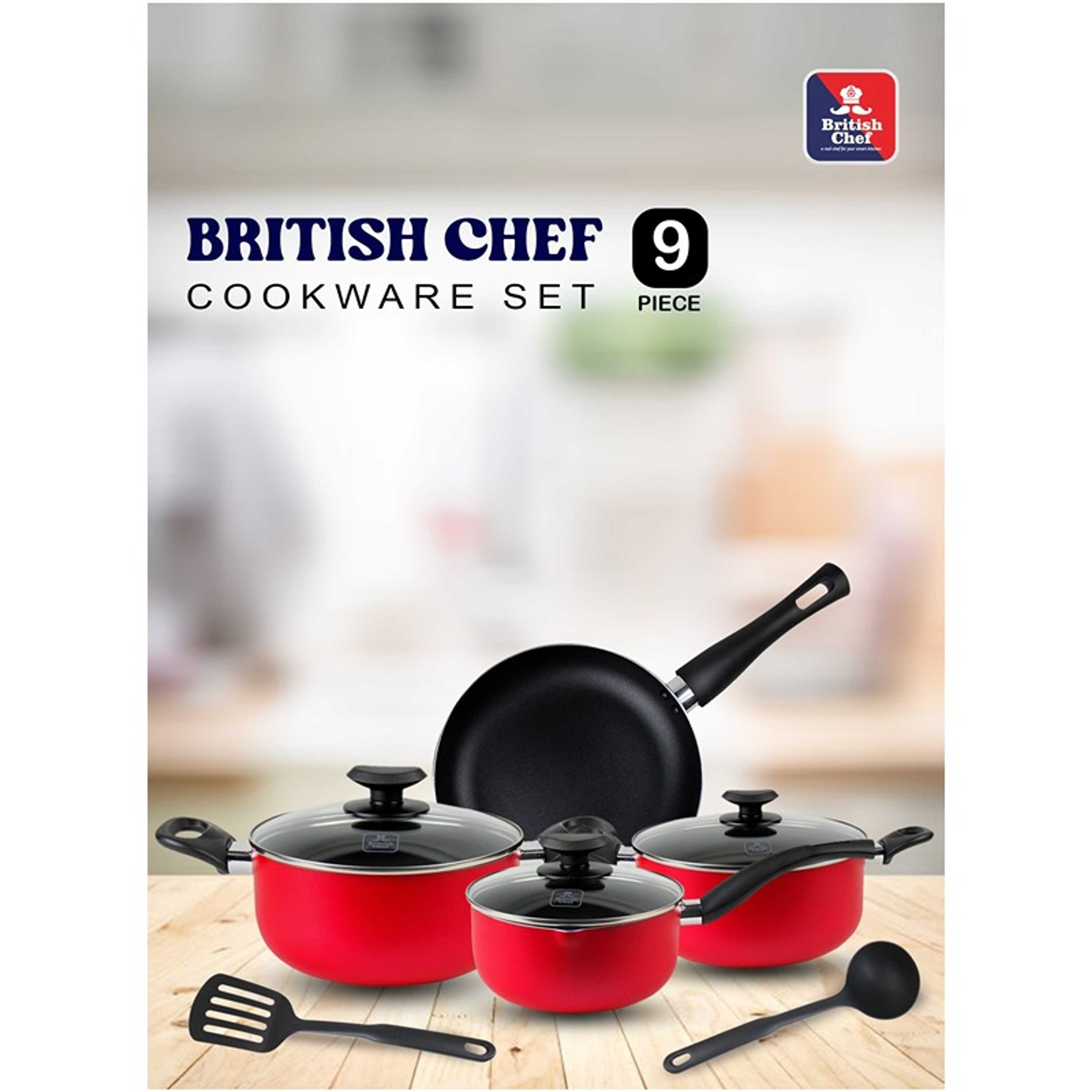 9 Piece Nonstick Cookware Set,  Casserole + Lid, Saucepan + Lid, frypan, Nylon Turner, Nylon Ladle - Product Main Image