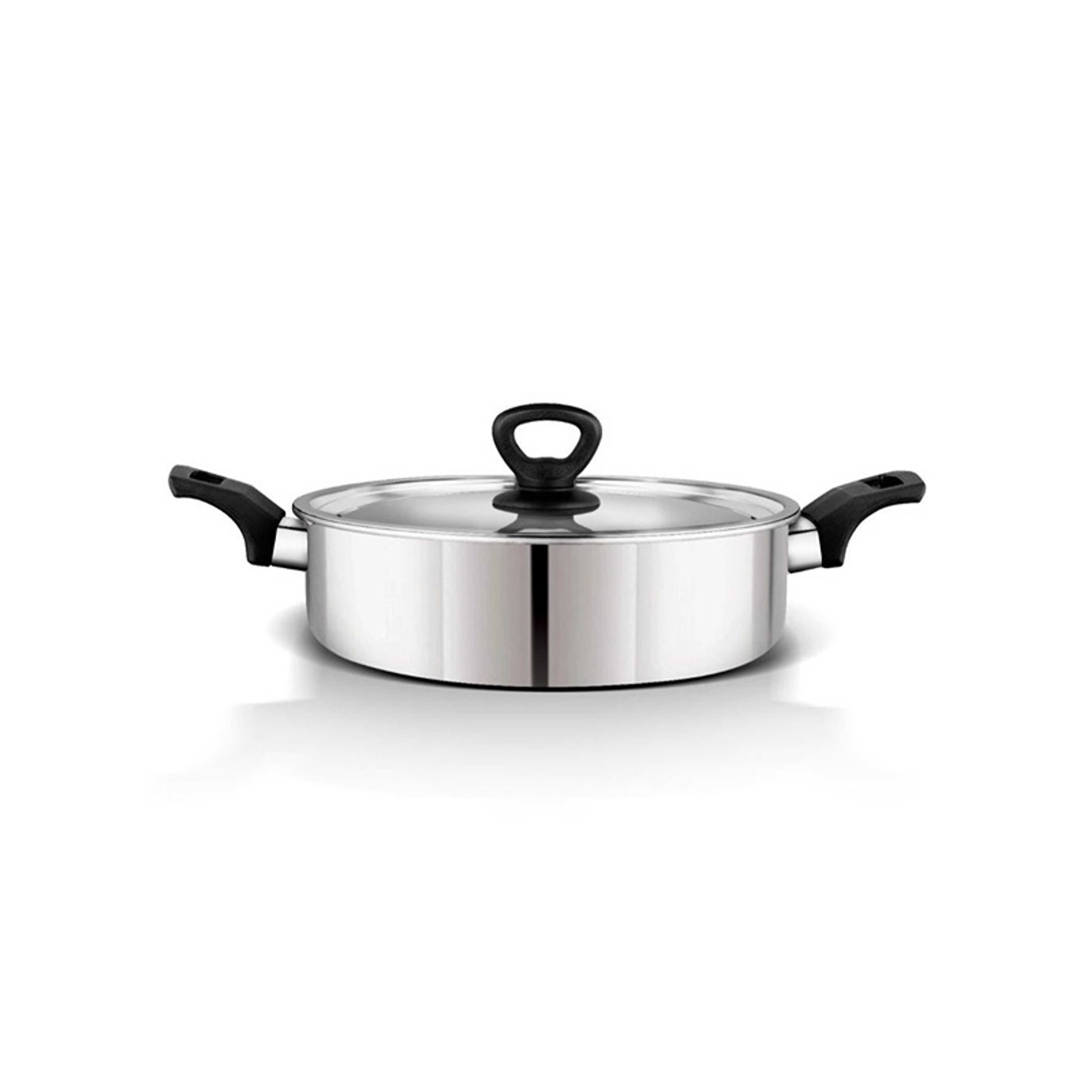Durable Stainless Steel Kadai & Cooking Pan 24cm, Heat Resistant Handle With Lid, Mirror Finish, Heavy Base Bottom, Oven Safe, Non-Stick Interior, Dishwasher Safe Silver/Black - Product Main Image