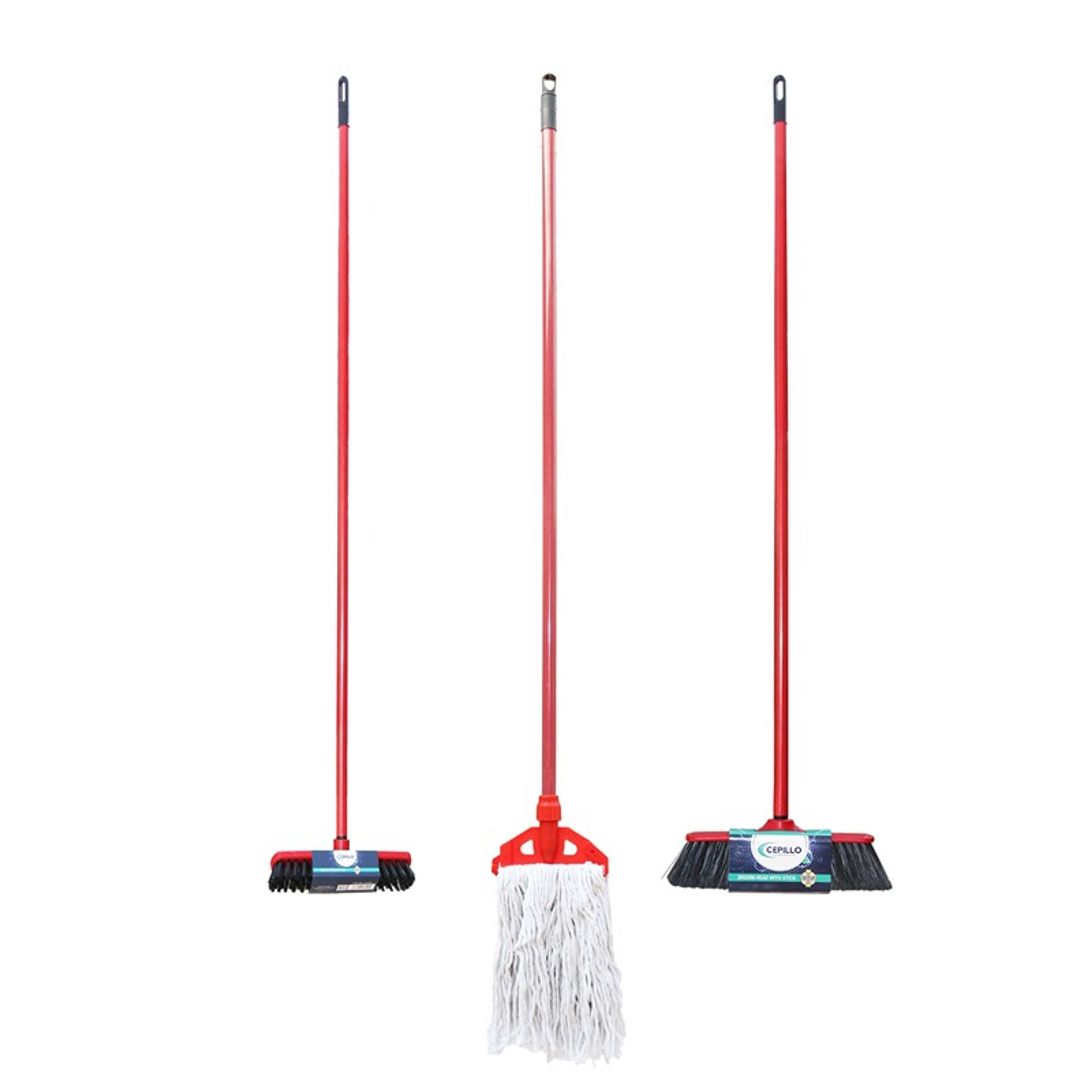 Cepillo Long Handle Cleaning Broom brush 2 SET + Floor Cleaning Wet Mop Red/White, Combo SET OF 3 - Product Main Image