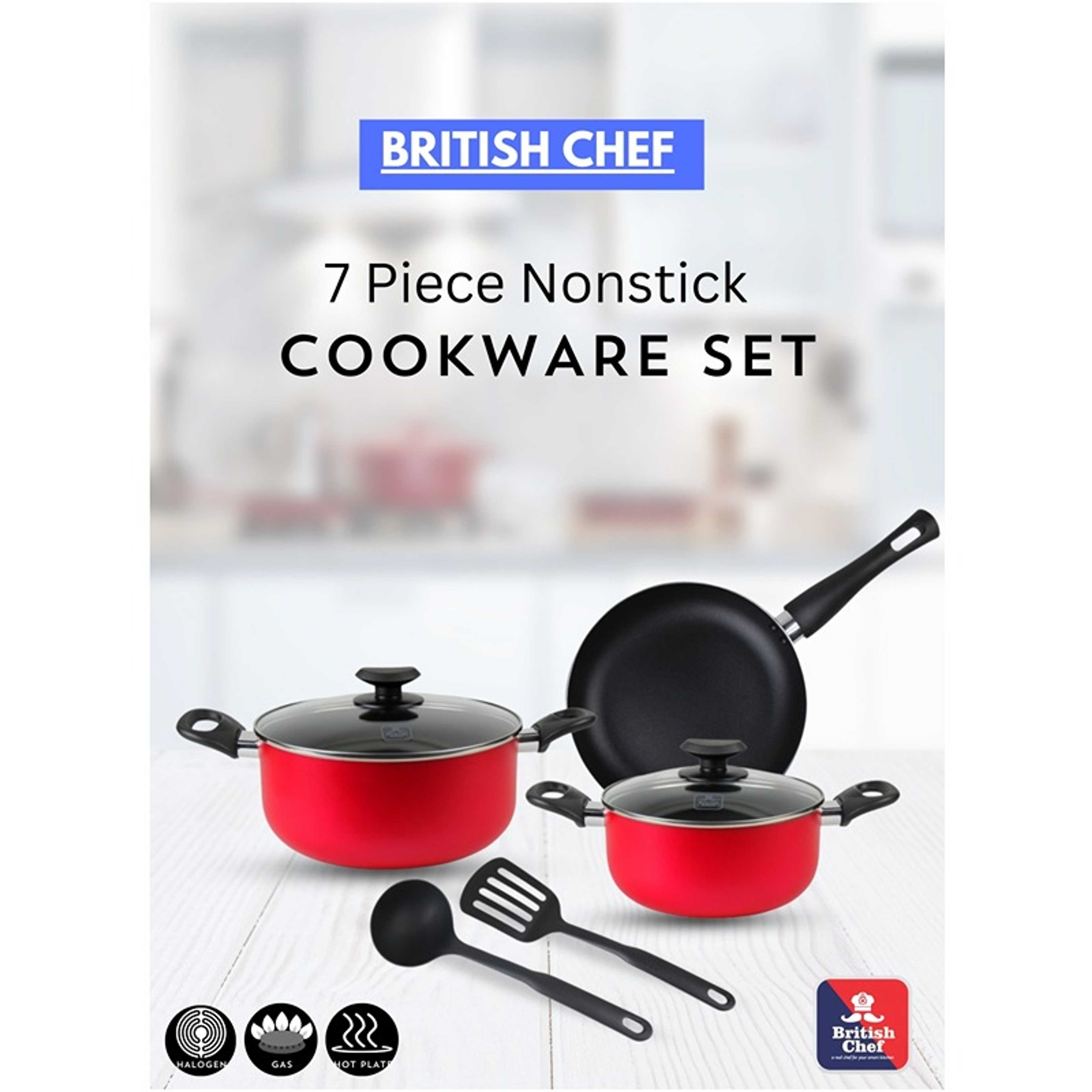 7 Piece Nonstick Cookware Set, 24CM Casserole + Lid, 20CM Casserole + Lid, 24CM Frypan, Nylon Turner, Nylon Ladle BC131 - Product Main Image