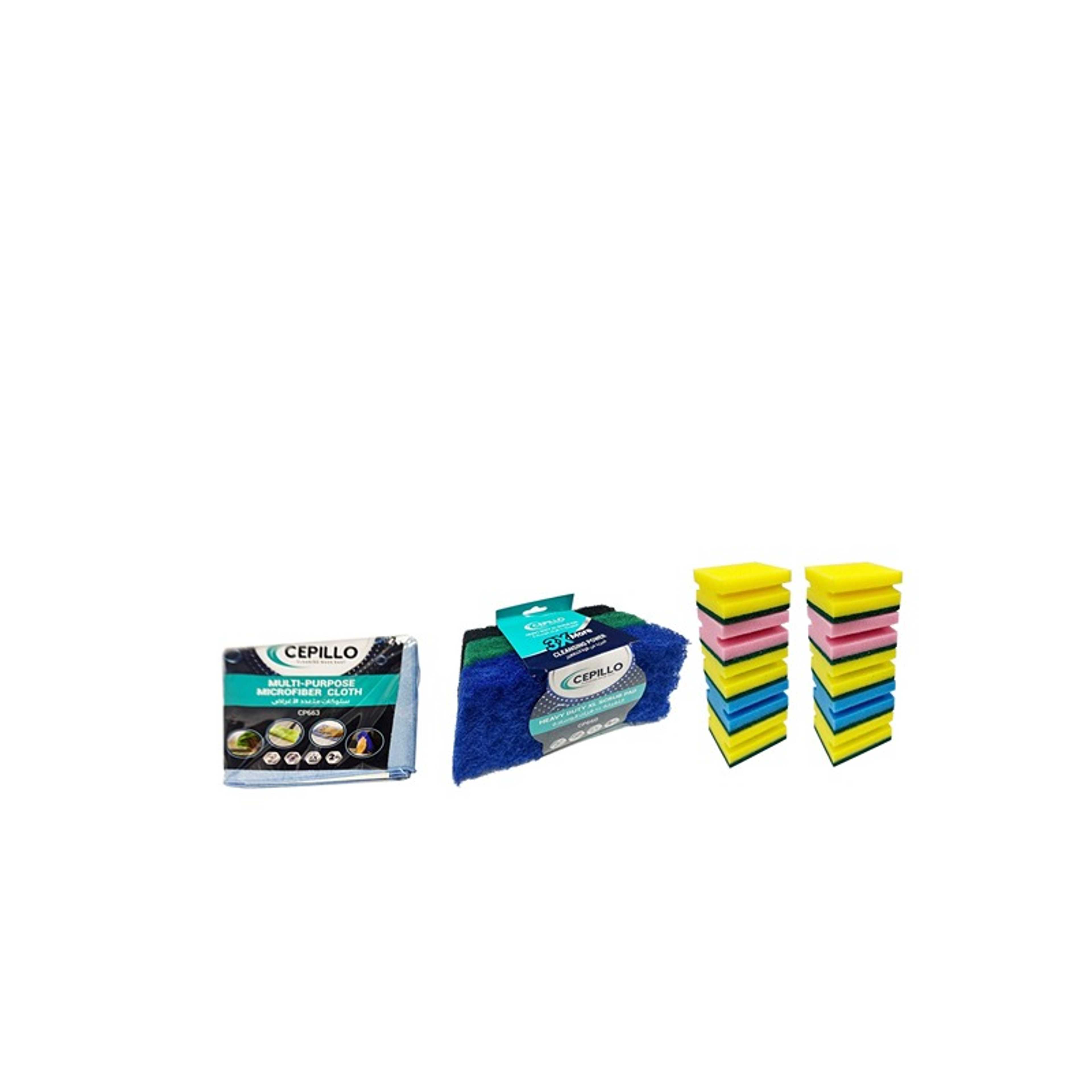 15Pcs Kitchen Cleaning Set, 2Pcs Multipurpose Microfibre Cloth/Reusable, 3pcs Heavy duty XL Scrubbing Pads/Sponges, 10Pcs Multicolored High Foam Dishwashing Grip Sponge Scourer - Product Main Image