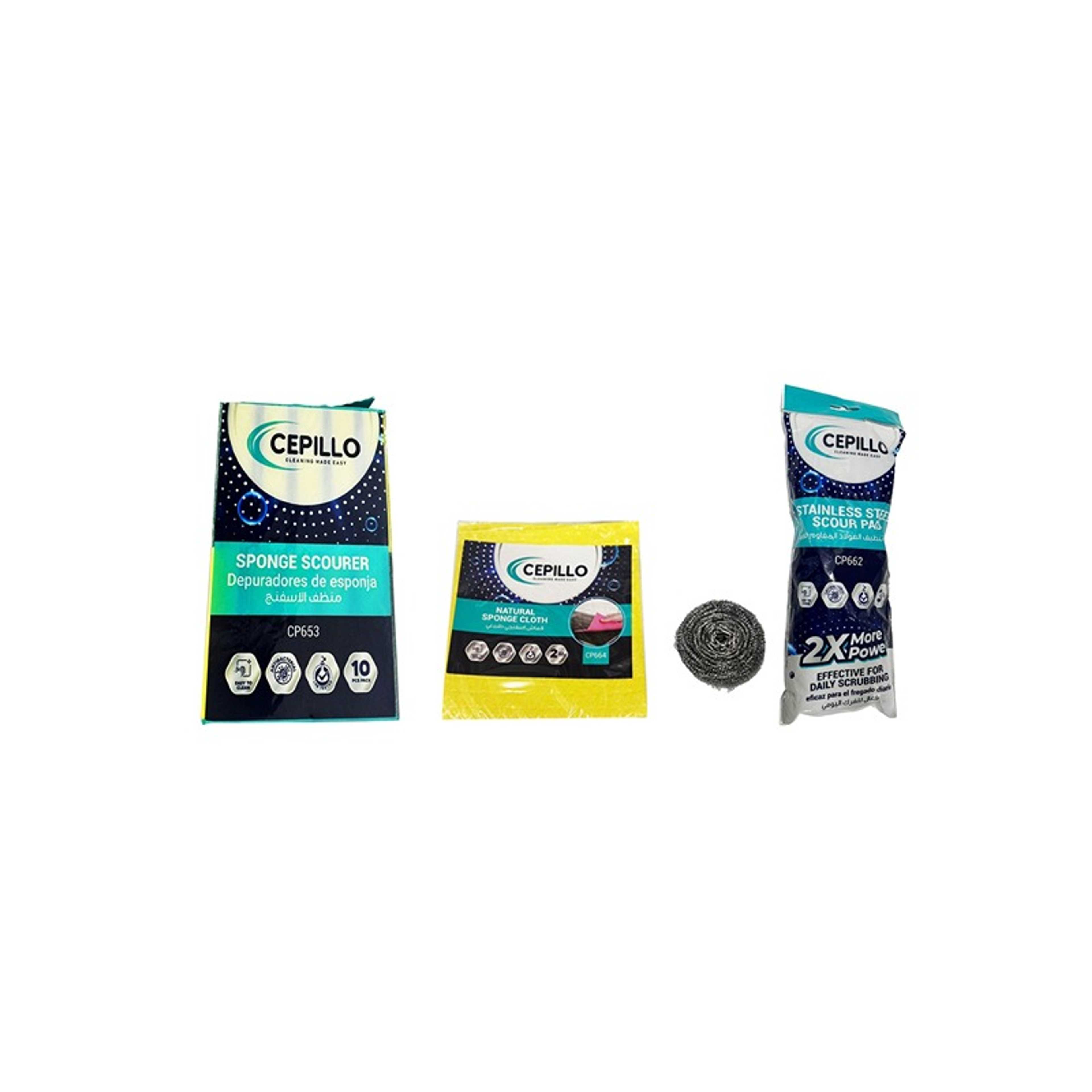 15Pcs Kitchen Cleaning Set | 2Pcs Natural Sponge Cloth Wipe/Quickly Soaks Absorb | 3pcs Stainless Steel Scrubbing Scouring Pad/Wool Scrubber | 10Pcs Sponge Scourer/Dishwashing Sponges For Kitchen - Product Main Image
