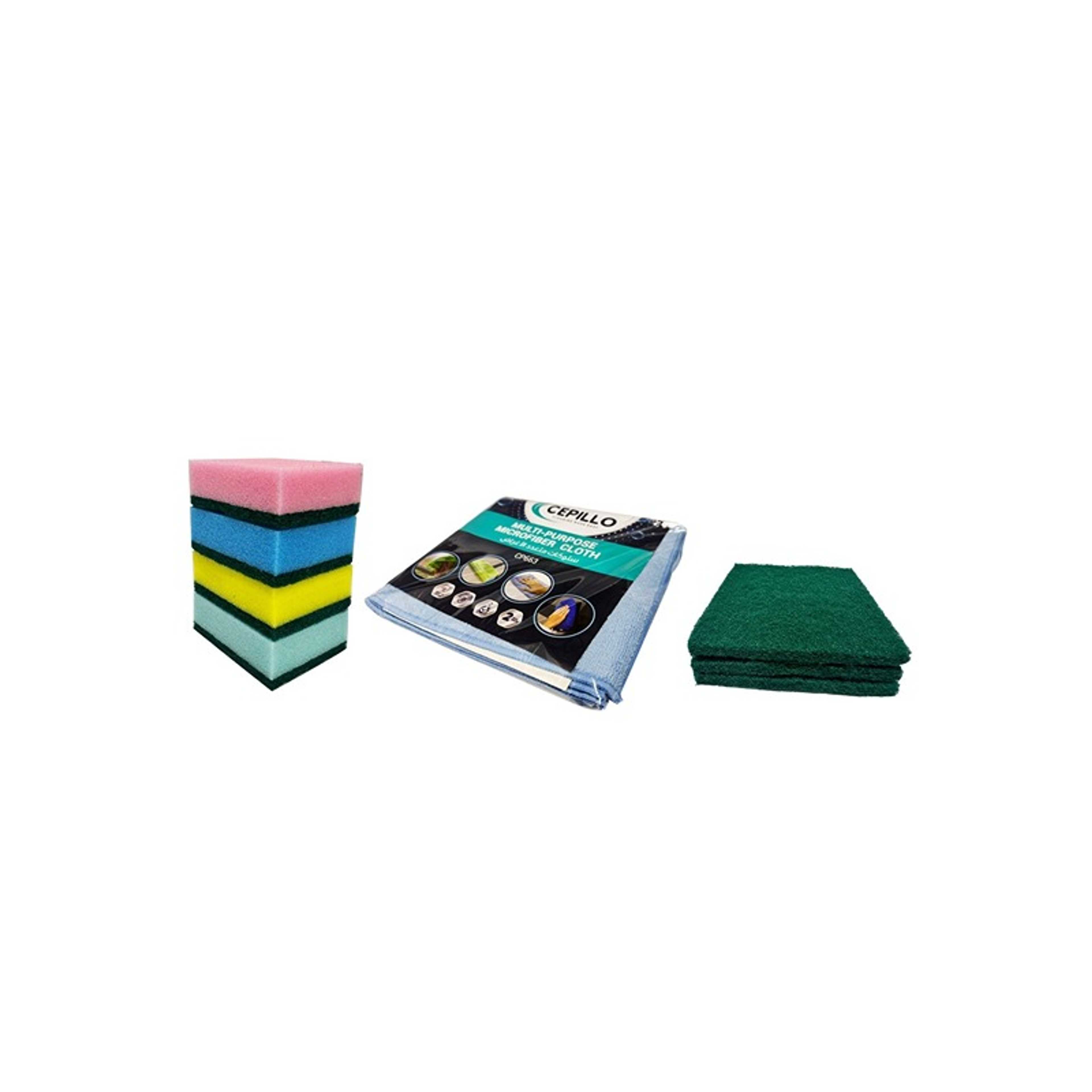 9Pcs Kitchen Cleaning Set | 2Pcs Multi-purpose Microfibre Cloth/Reusable | 3Pcs Heavy Duty XL Scouring Pad/Green Scrub/Kitchen Bathroom Scrubbers | 4Pcs Multicolored Sponge Scourer/Dish Sponge - Product Main Image