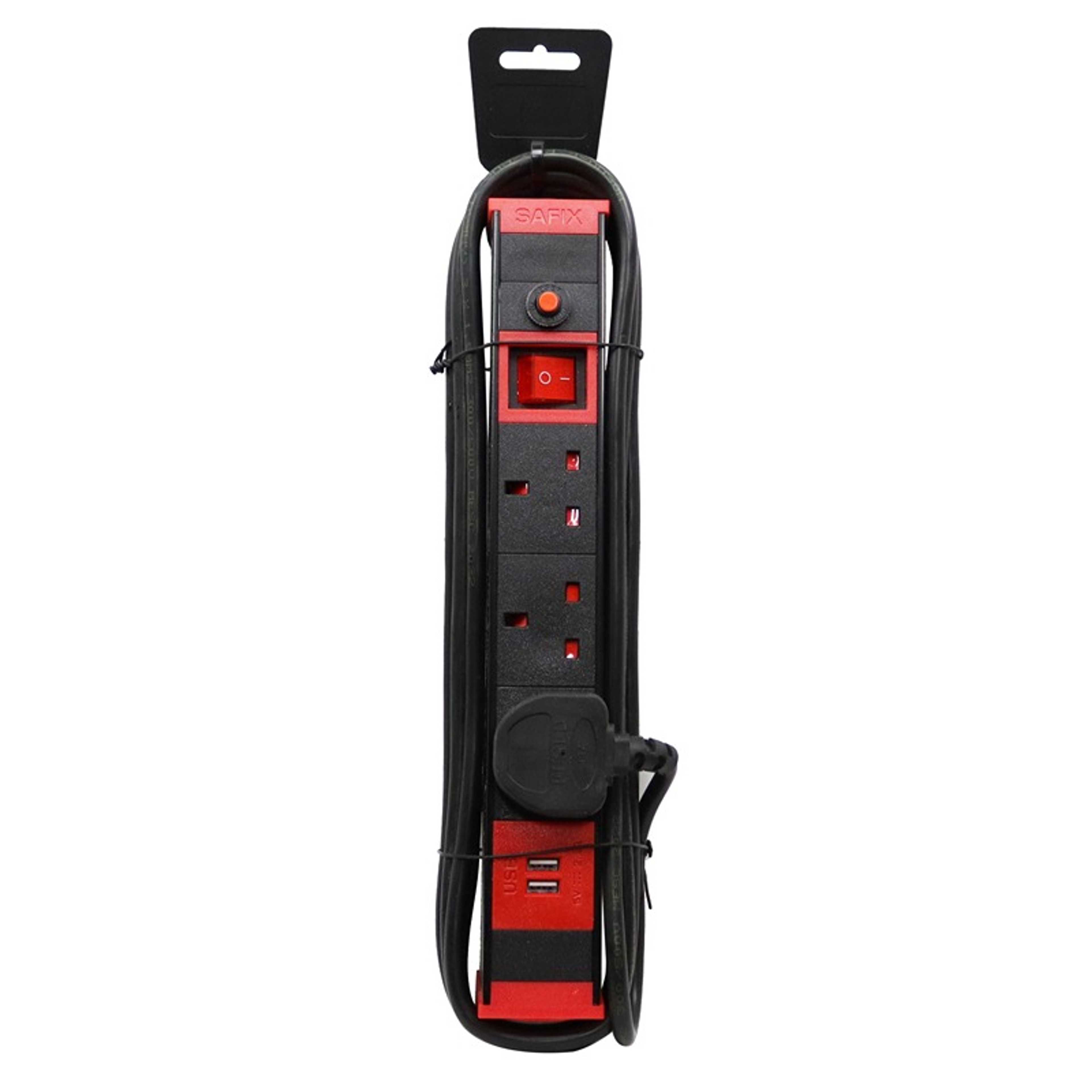SAFIX 3 Yard Power Extension Cord, Multiplug with Fast USB charging slots 3 Way power Strip and On Off Switch Black Red - Product Main Image