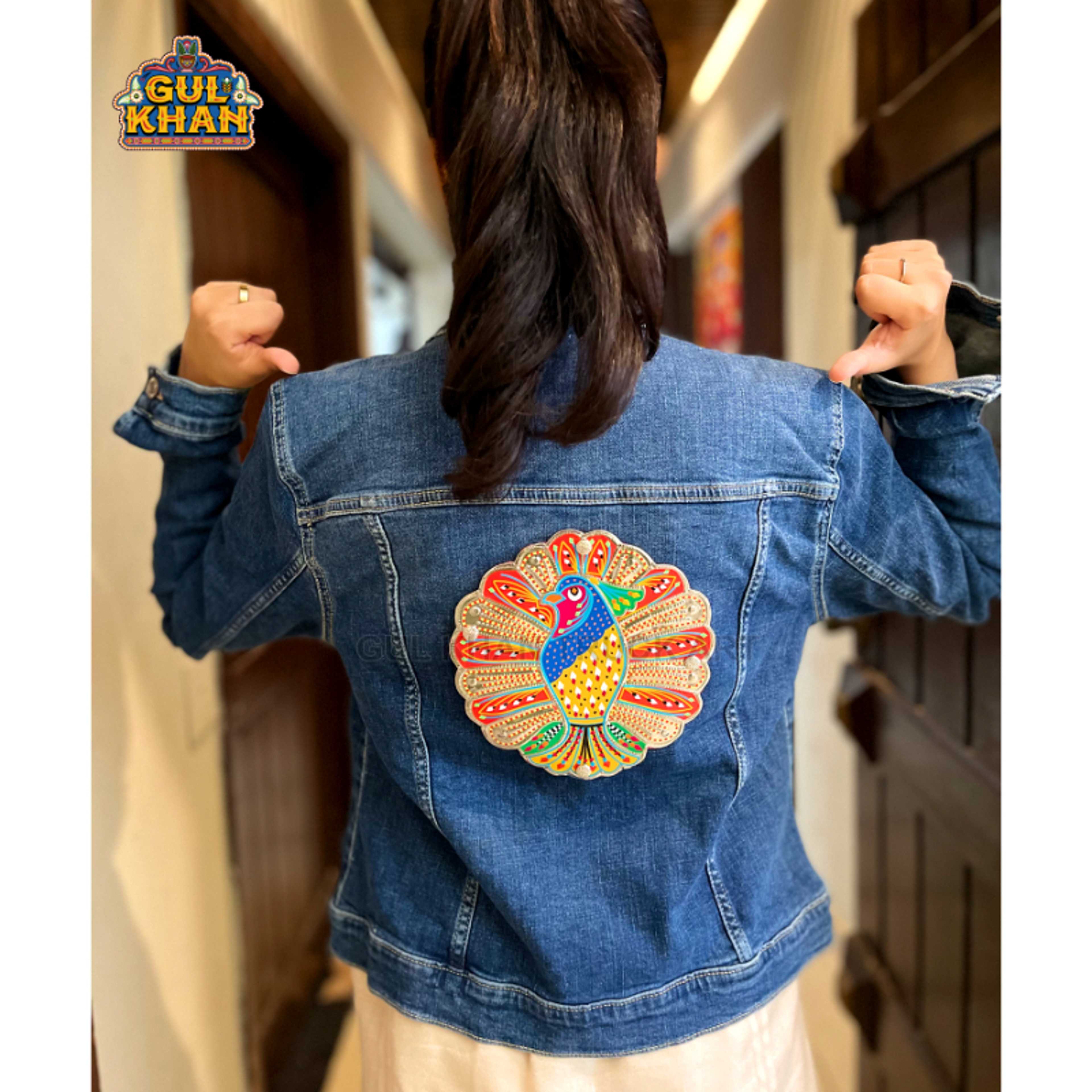 Dark Blue Denim Jacket With Peacock Design 003 - Product Main Image