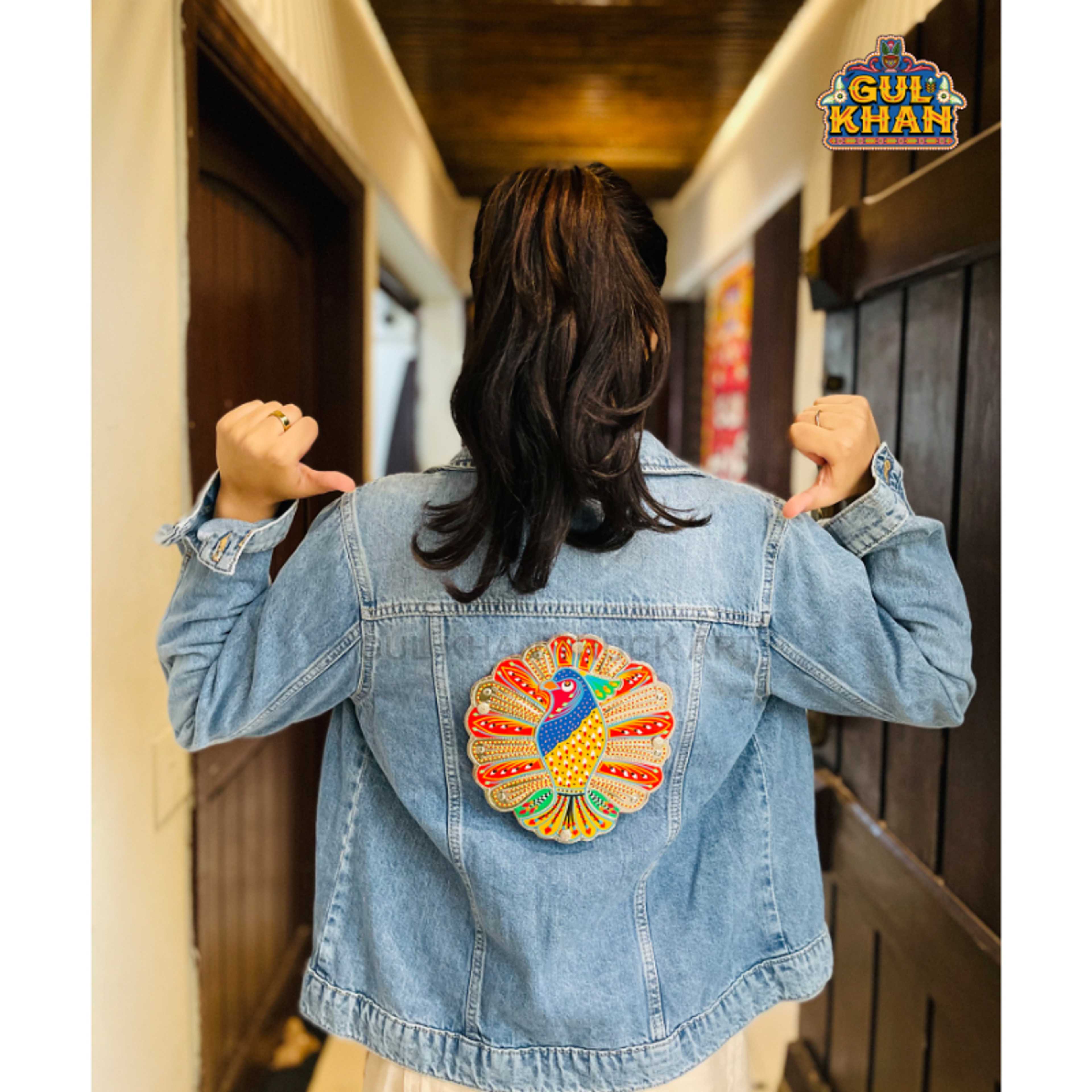 Light Blue Denim Jacket With Peacock Design 004 - Product Main Image