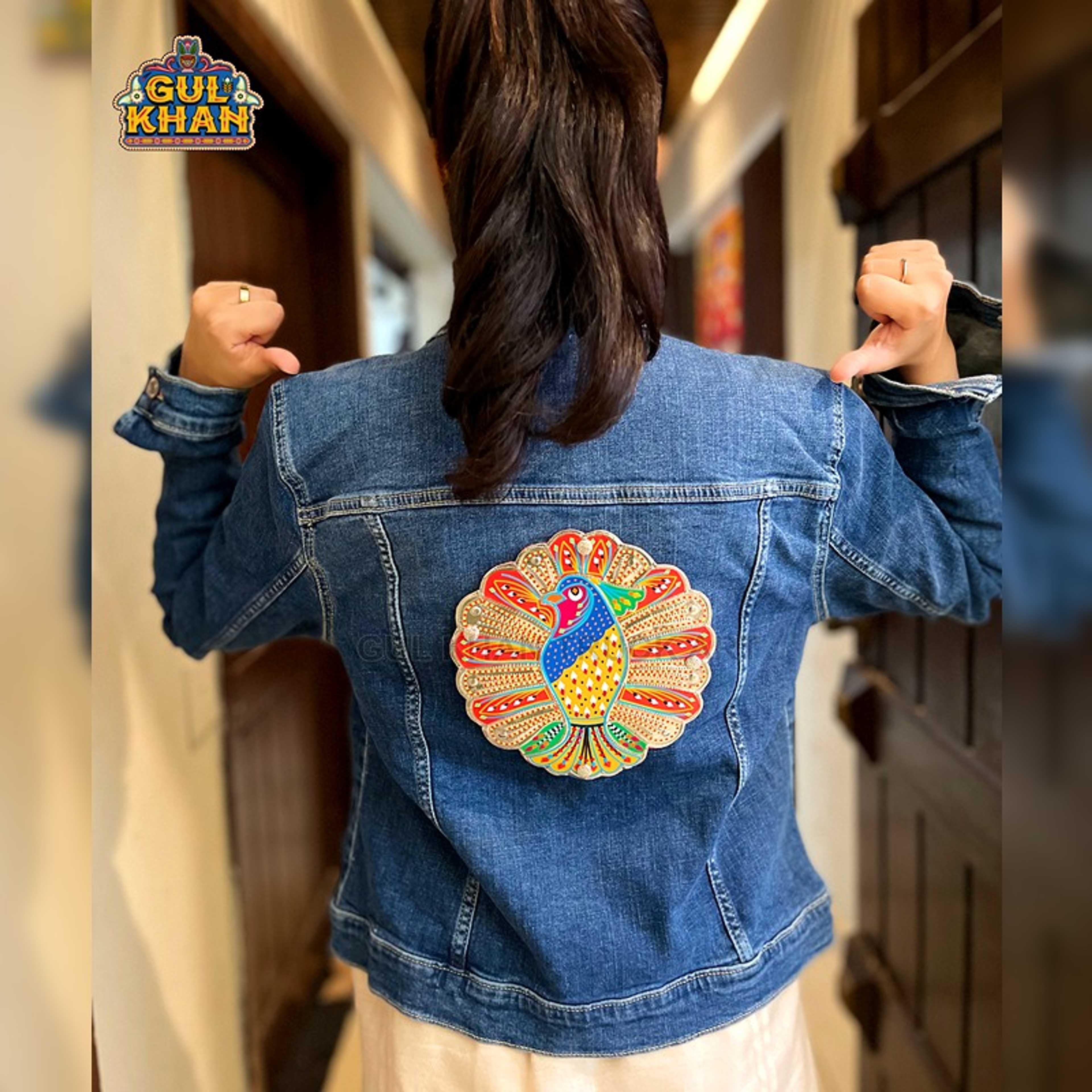 Dark Blue Denim Jacket With Peacock Design 003 - Product Main Image