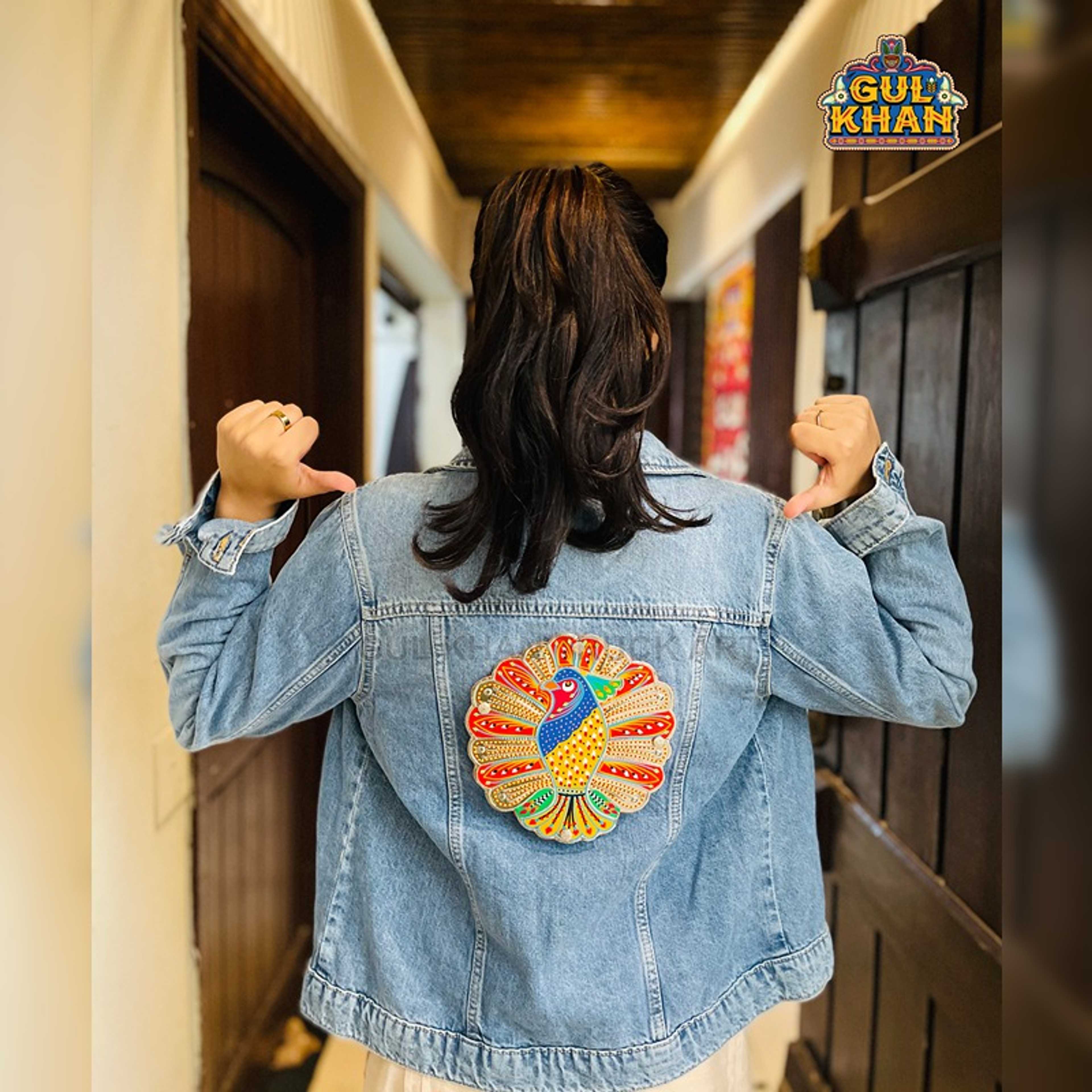 Light Blue Denim Jacket With Peacock Design 004 - Product Main Image