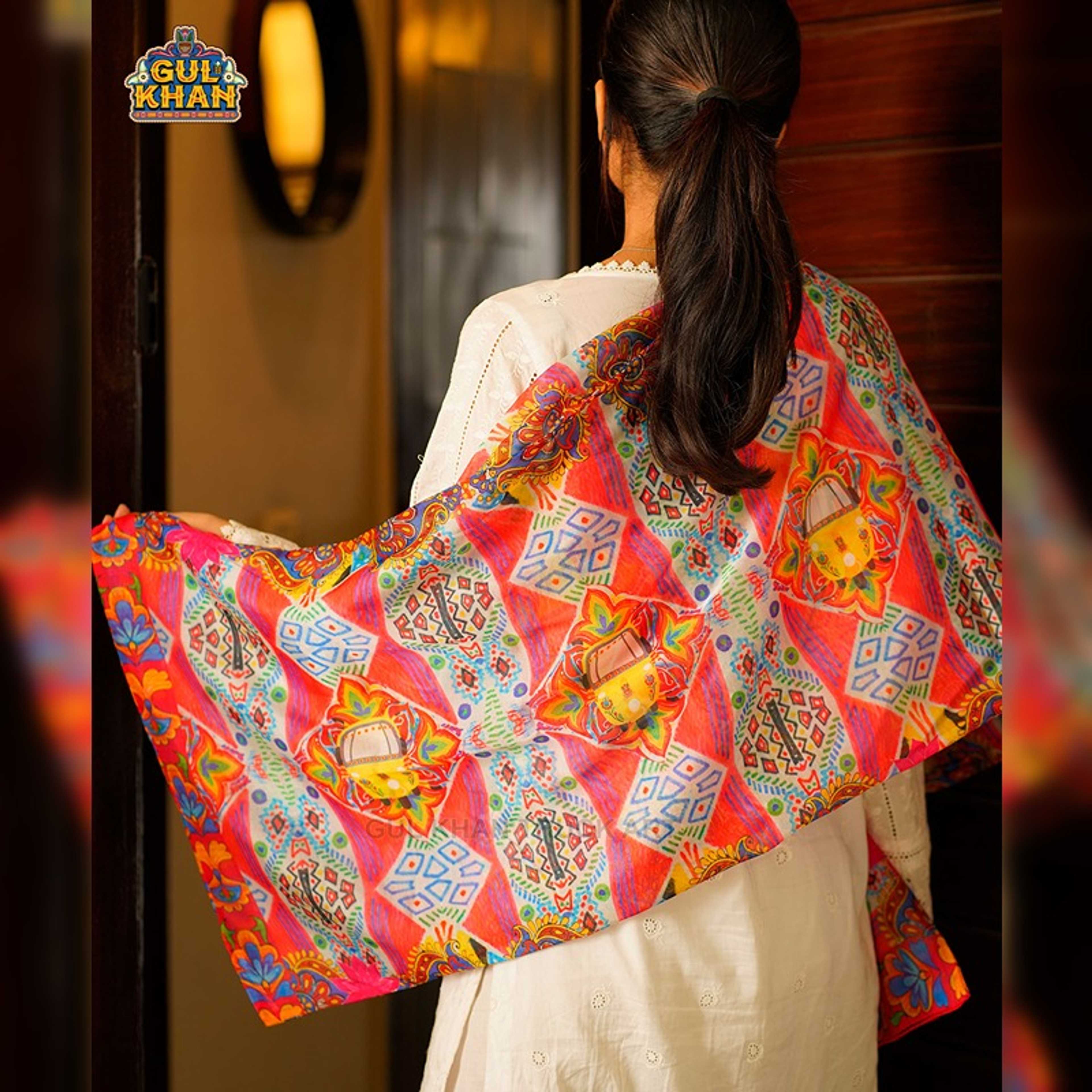 Multi Colour Rickshaw Pattern Printed  Truck Art Stole - Product Main Image