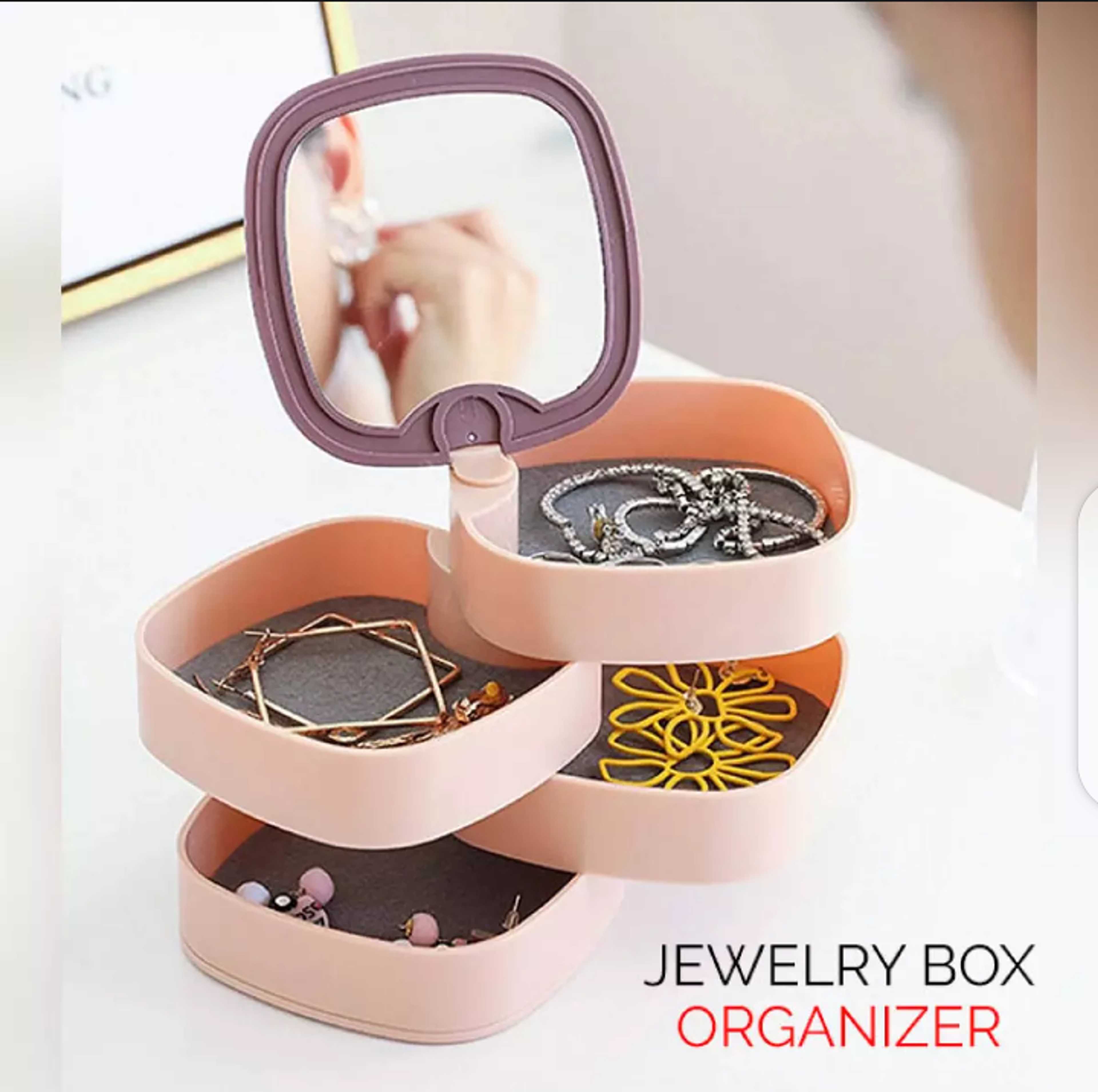 360degree Rotating Jewelry Storage Box 4 Layers Portable Travel Jewellery Holder Jewellery Accessory Organizer Necklaces Bracelets Rings Earrings Holder with Mirror For Girl Women