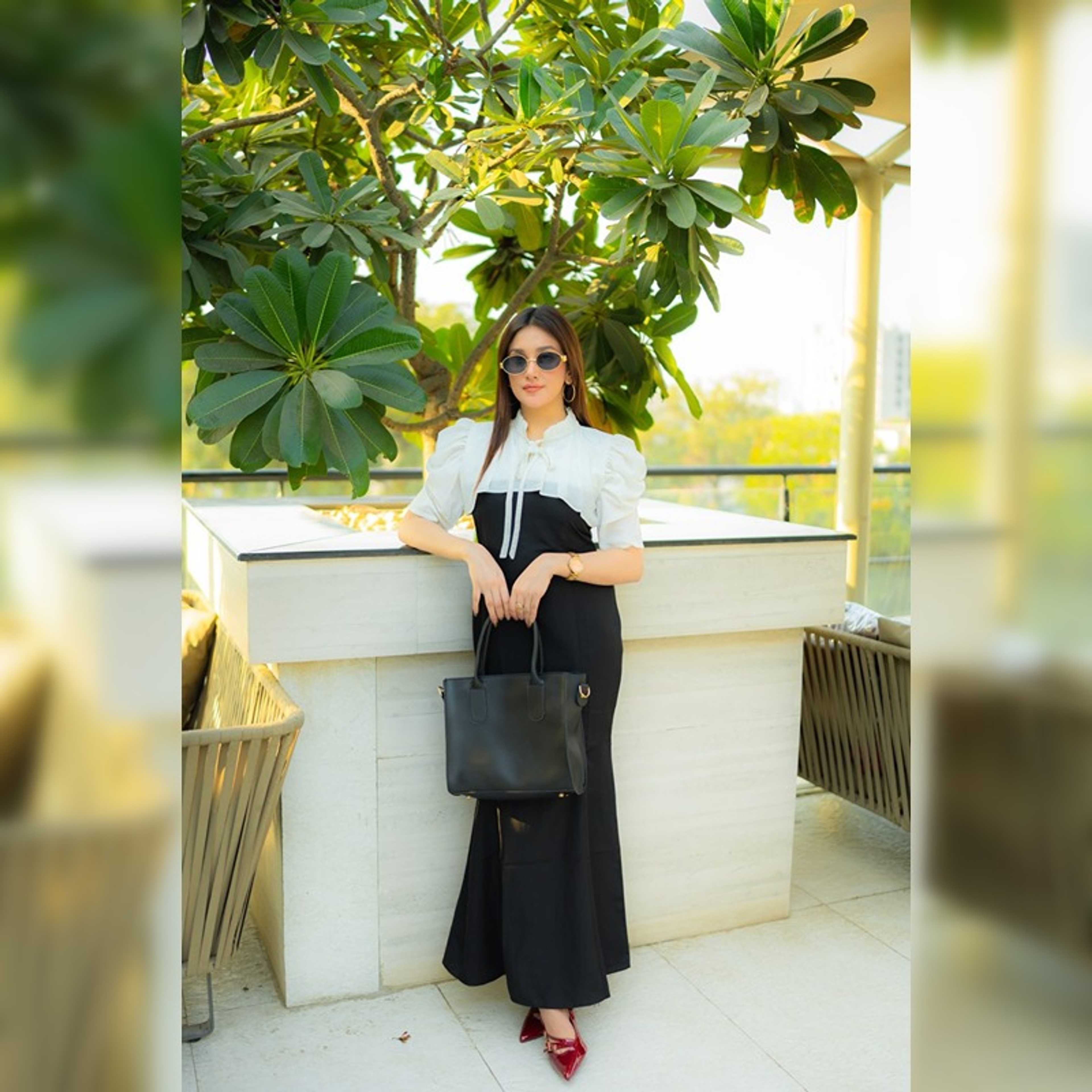 Monochrome Puff Sleeve Dress - Product Main Image
