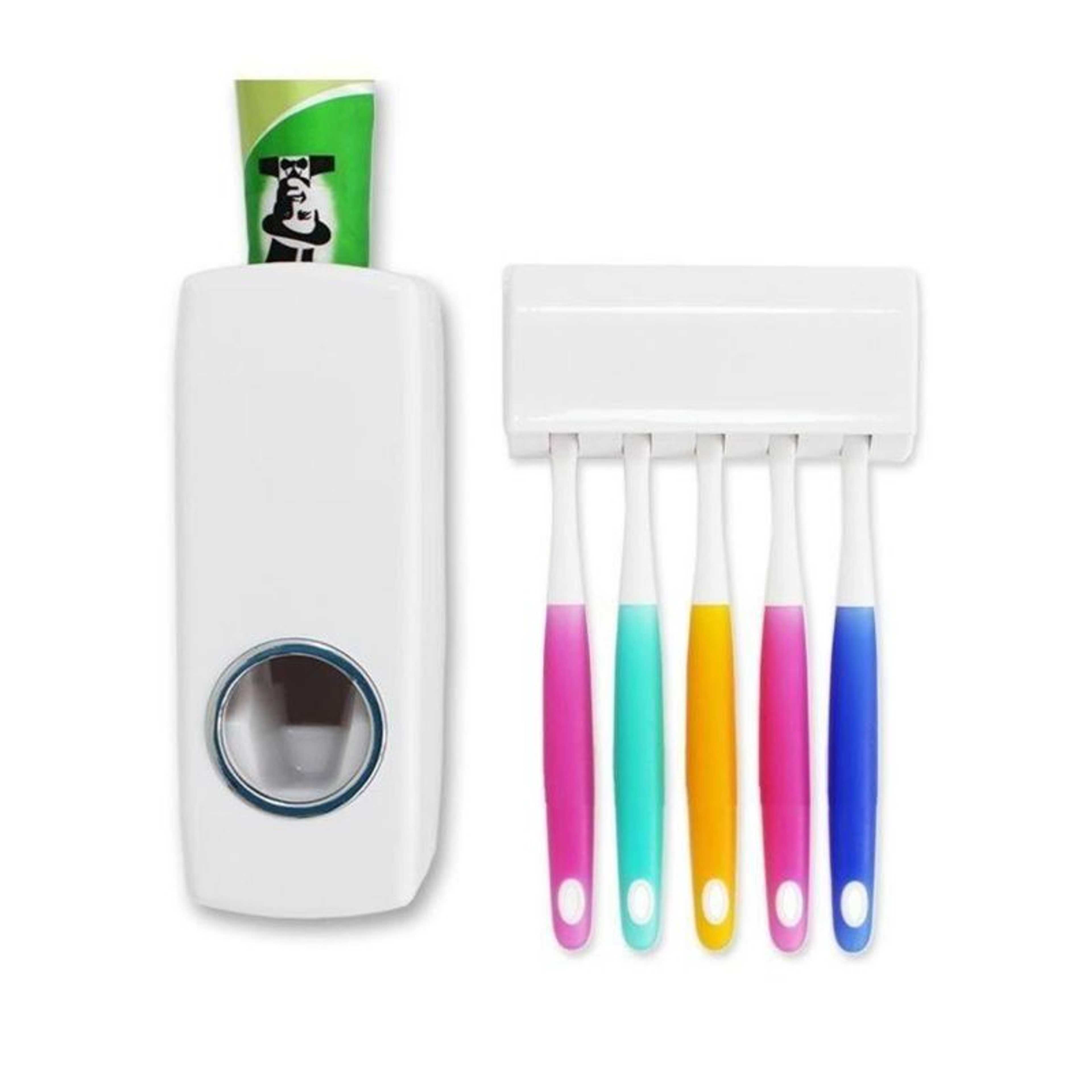 Toothpaste Dispenser With Tooth Brush Holder - White