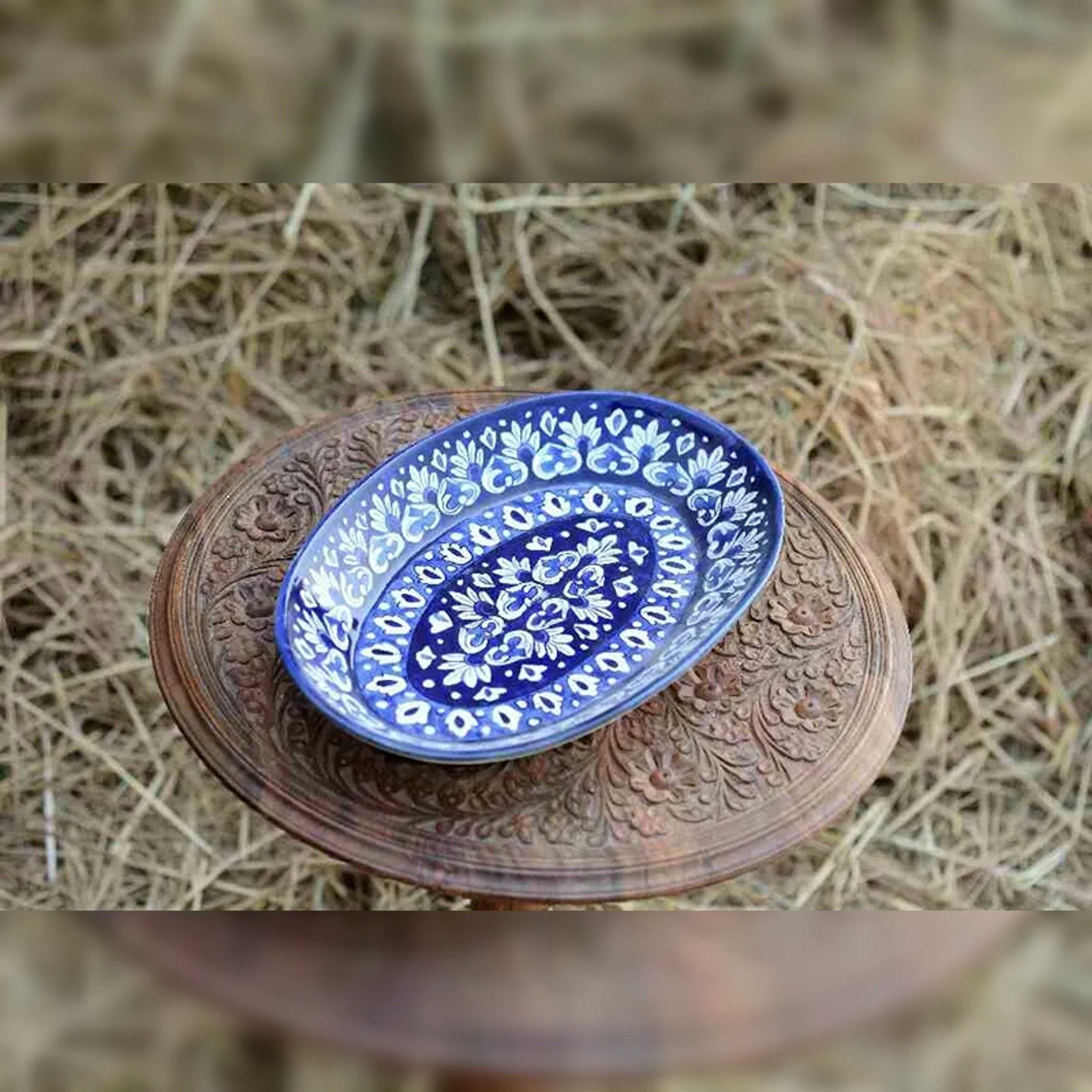 Handcrafted Blue Pottery Oval Shape Rice Tray | Multani Art - Product Main Image
