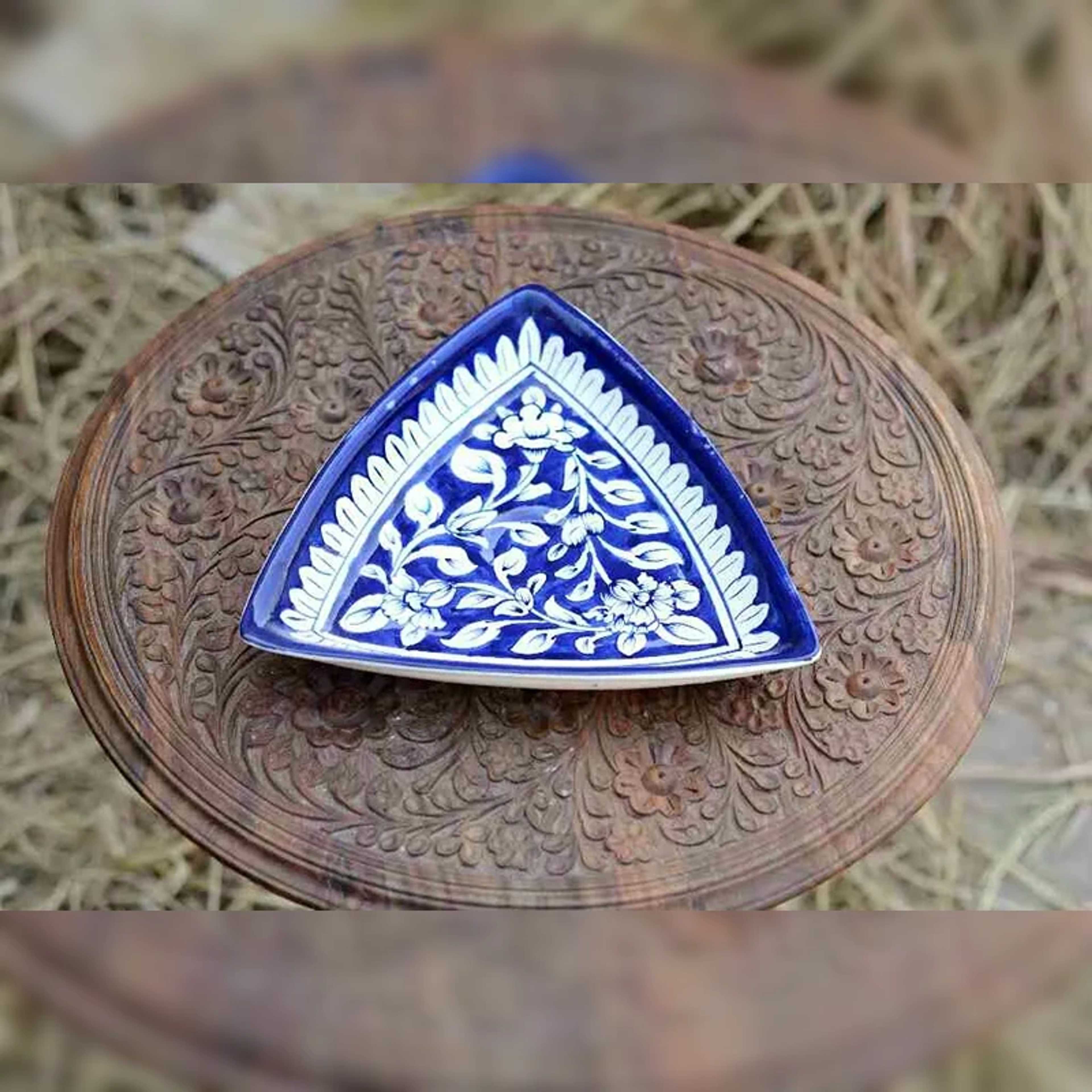Blue Pottery Triangular Dish Multani Art – Unique Decor - Product Main Image