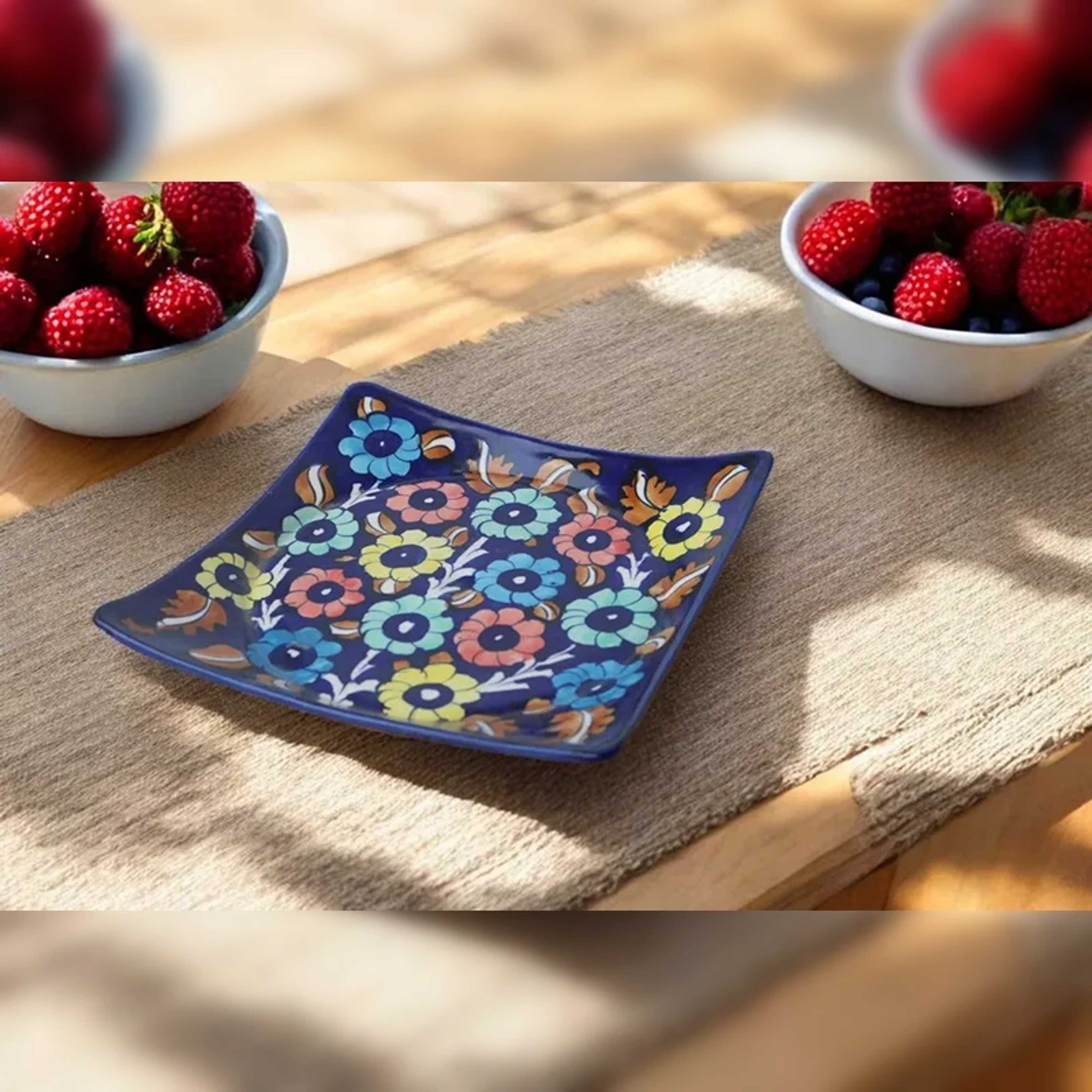 Blue Pottery Square Plate – Unique Artisan Design - Product Main Image