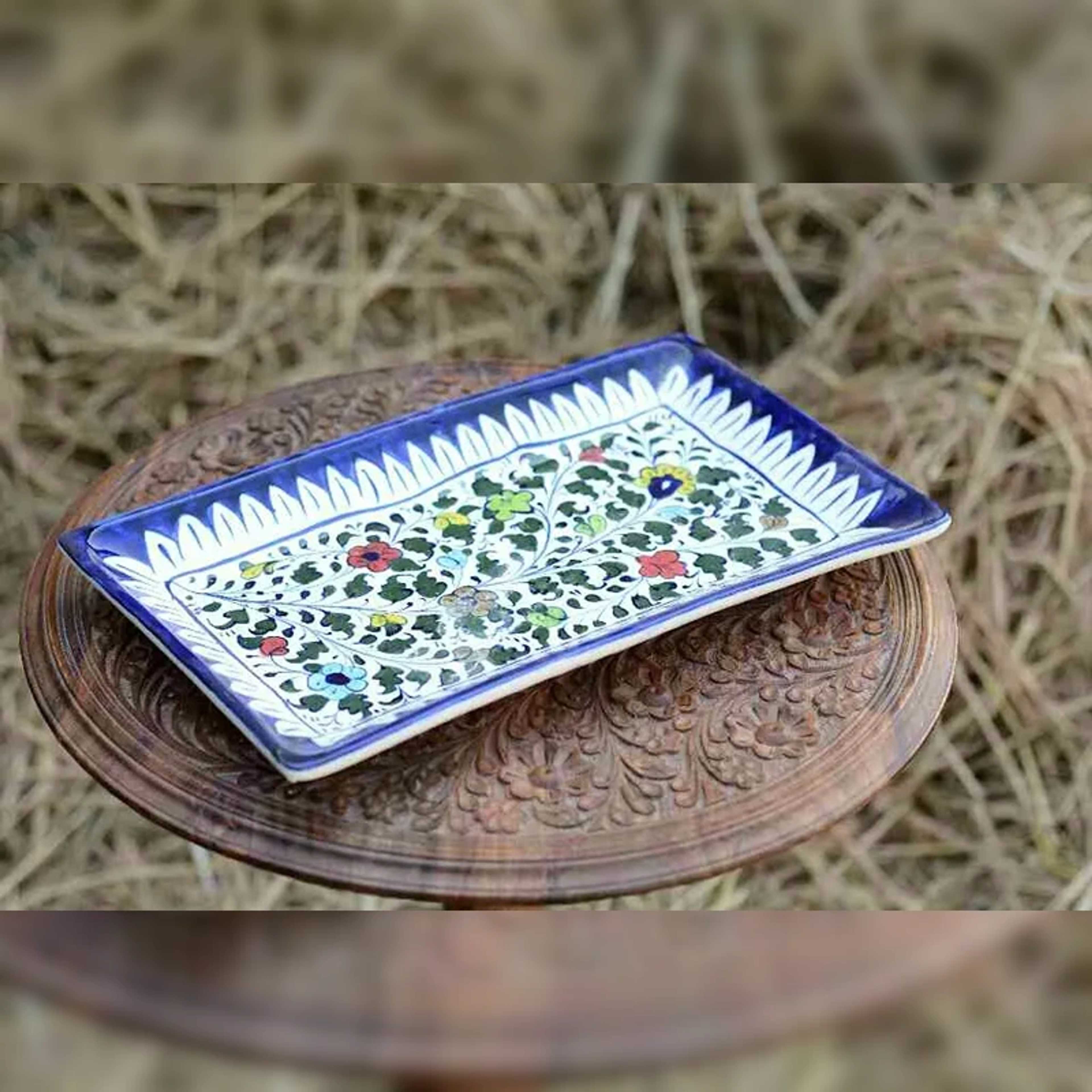 Blue Pottery Rectangular Dish Multani Art – Unique Decor - Product Main Image
