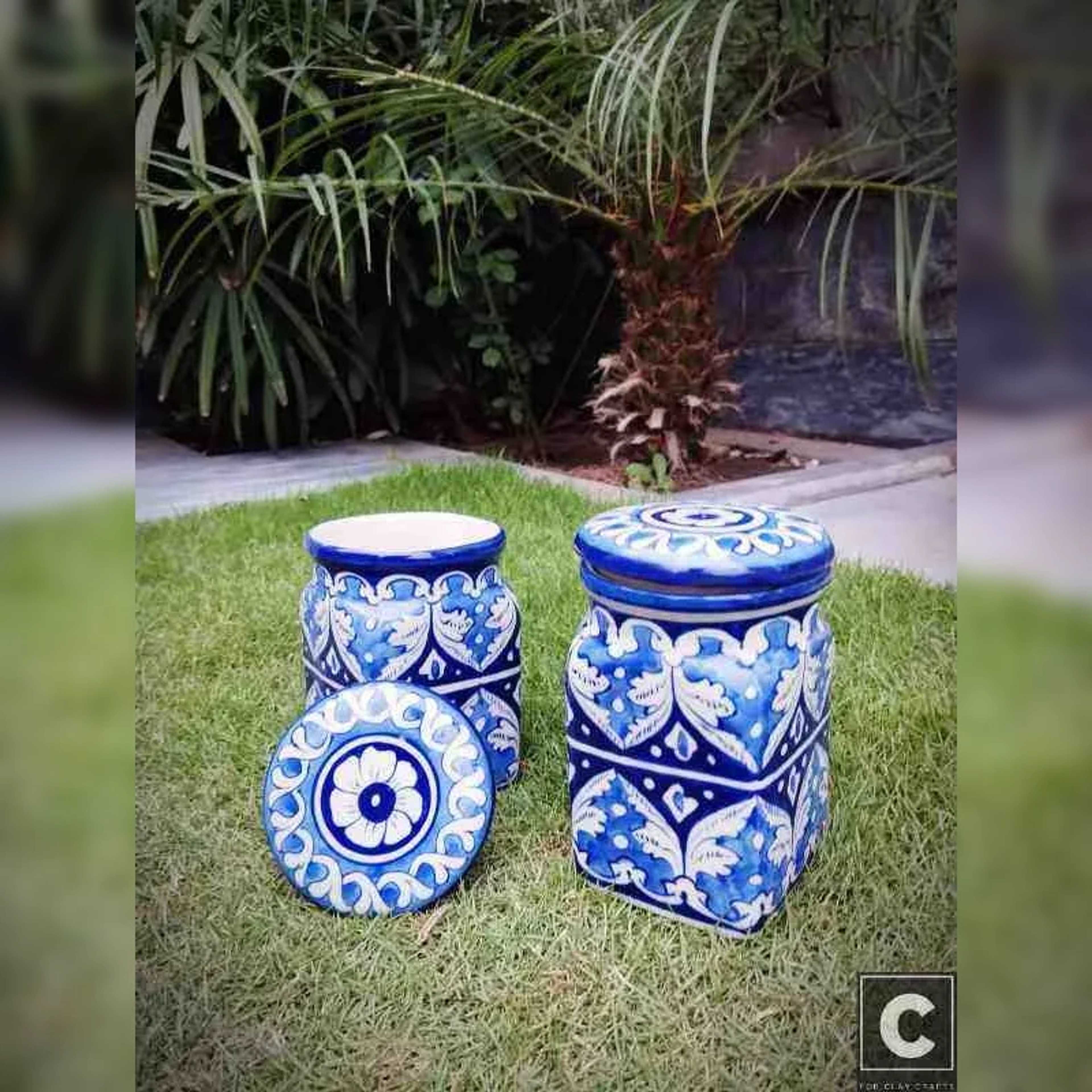 Blue Pottery Cookie Jar Multani Art – Unique Decor - Product Main Image