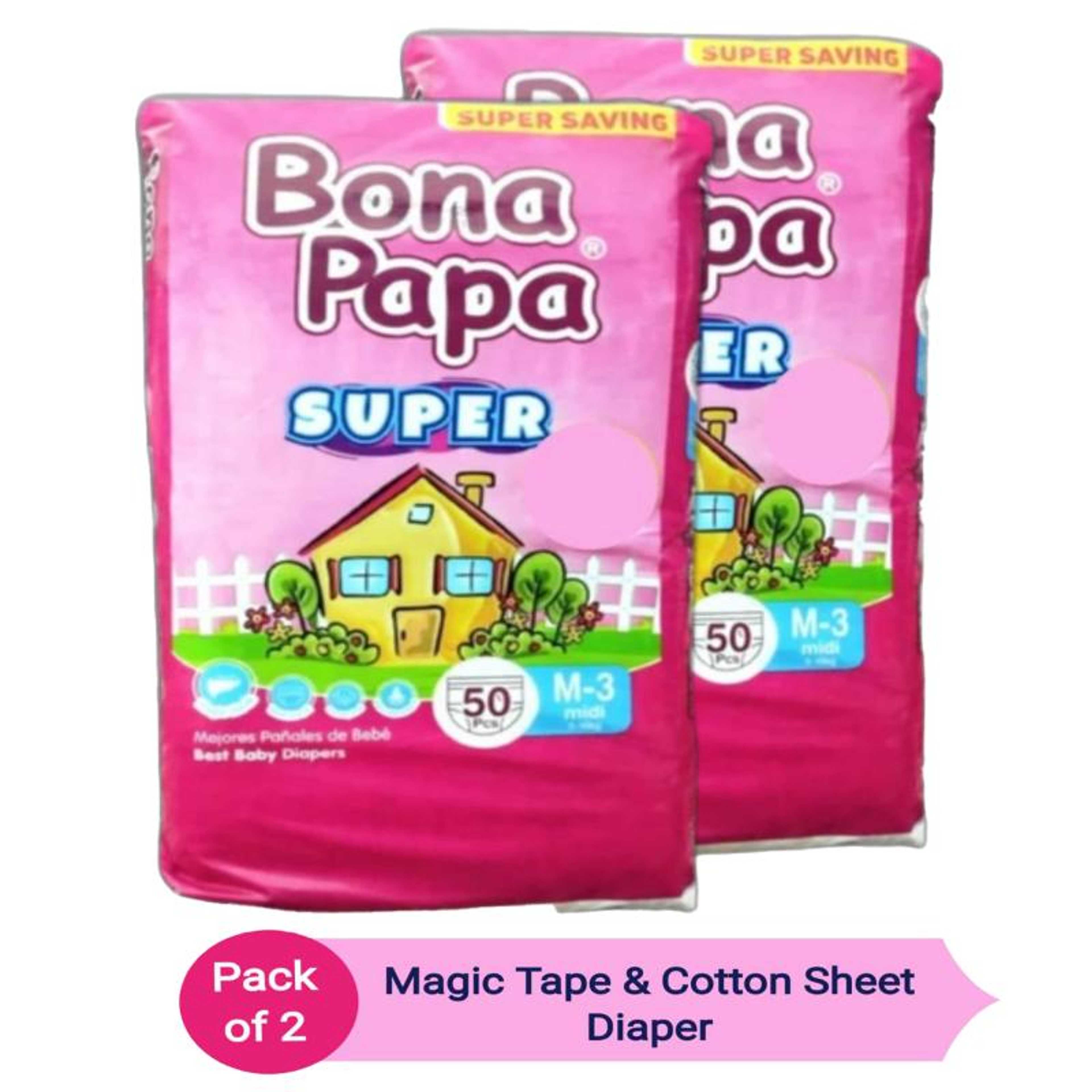 Bona Papa SUPER Baby Diaper Medium Size - Pack of 2 - 50pcs Each (MagicTape)