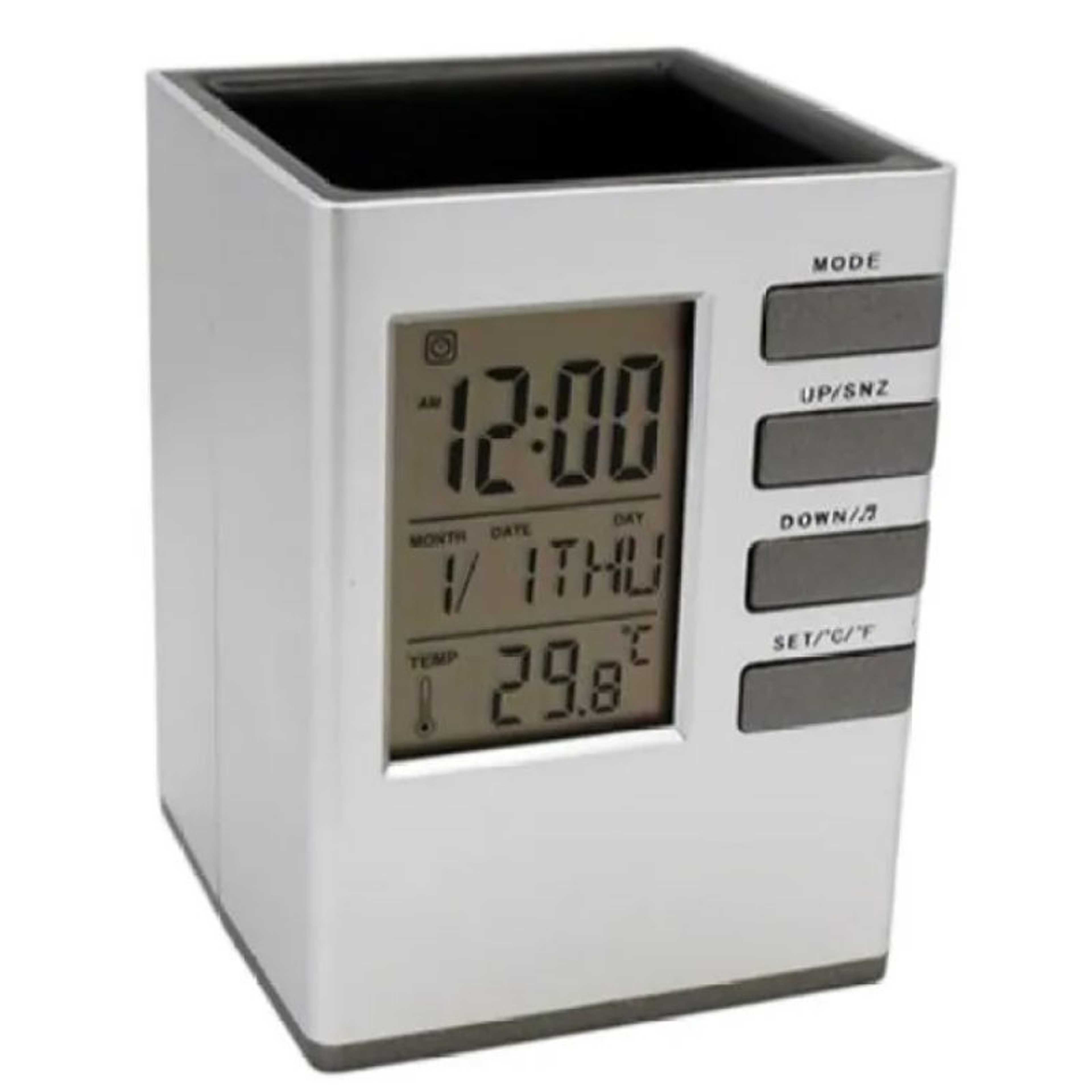 AlBizCo. Desk Organizer Table Clock Digital Pen Holder Alarm Clock Multipurpose