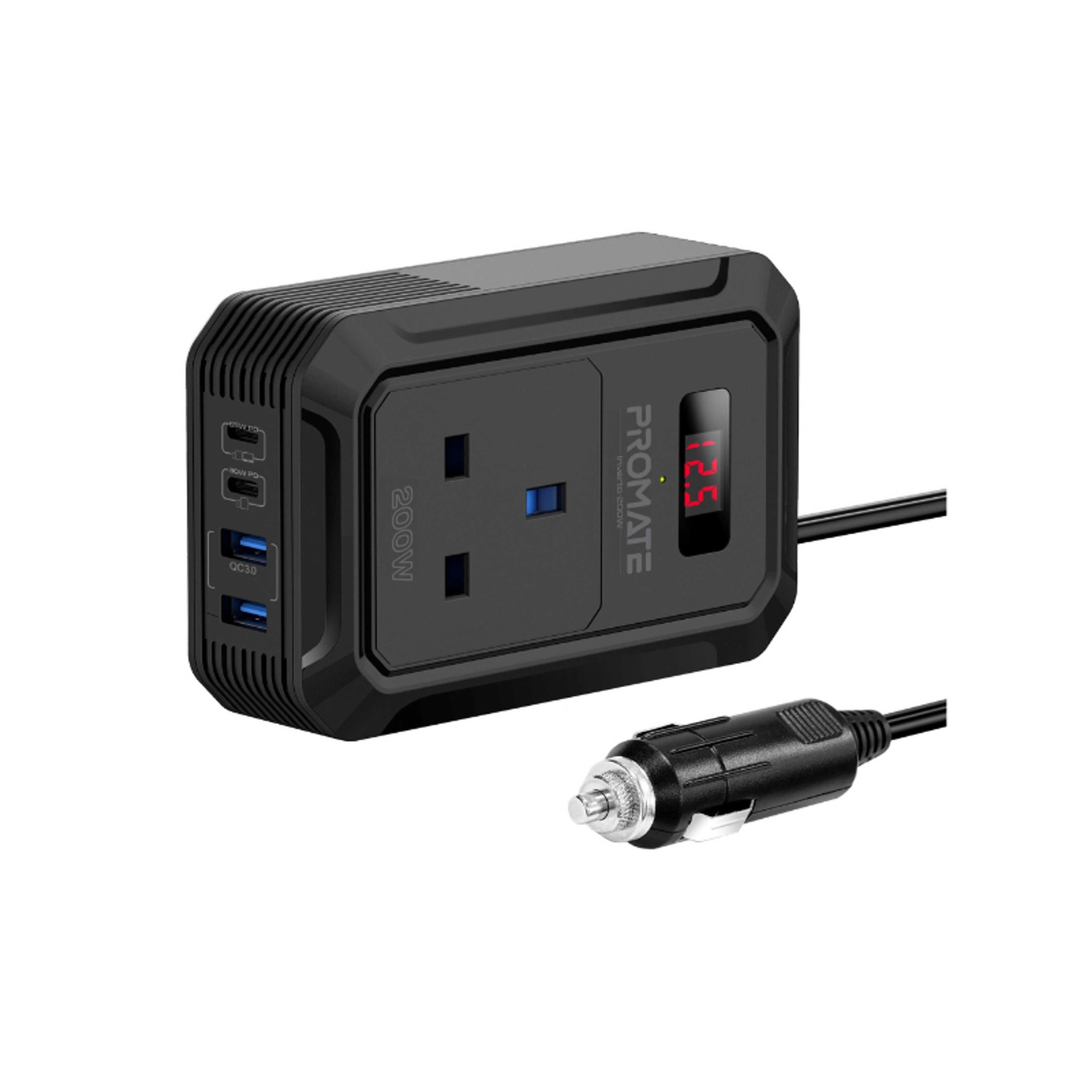 5 in 1 Car Power Inverter DC to AC  Multi-Port 200W, Dual USB-C Ports 65W / 30W Power Delivery & Dual QC 18W USB-A Ports, LCD Digital Screen Black - Product Main Image