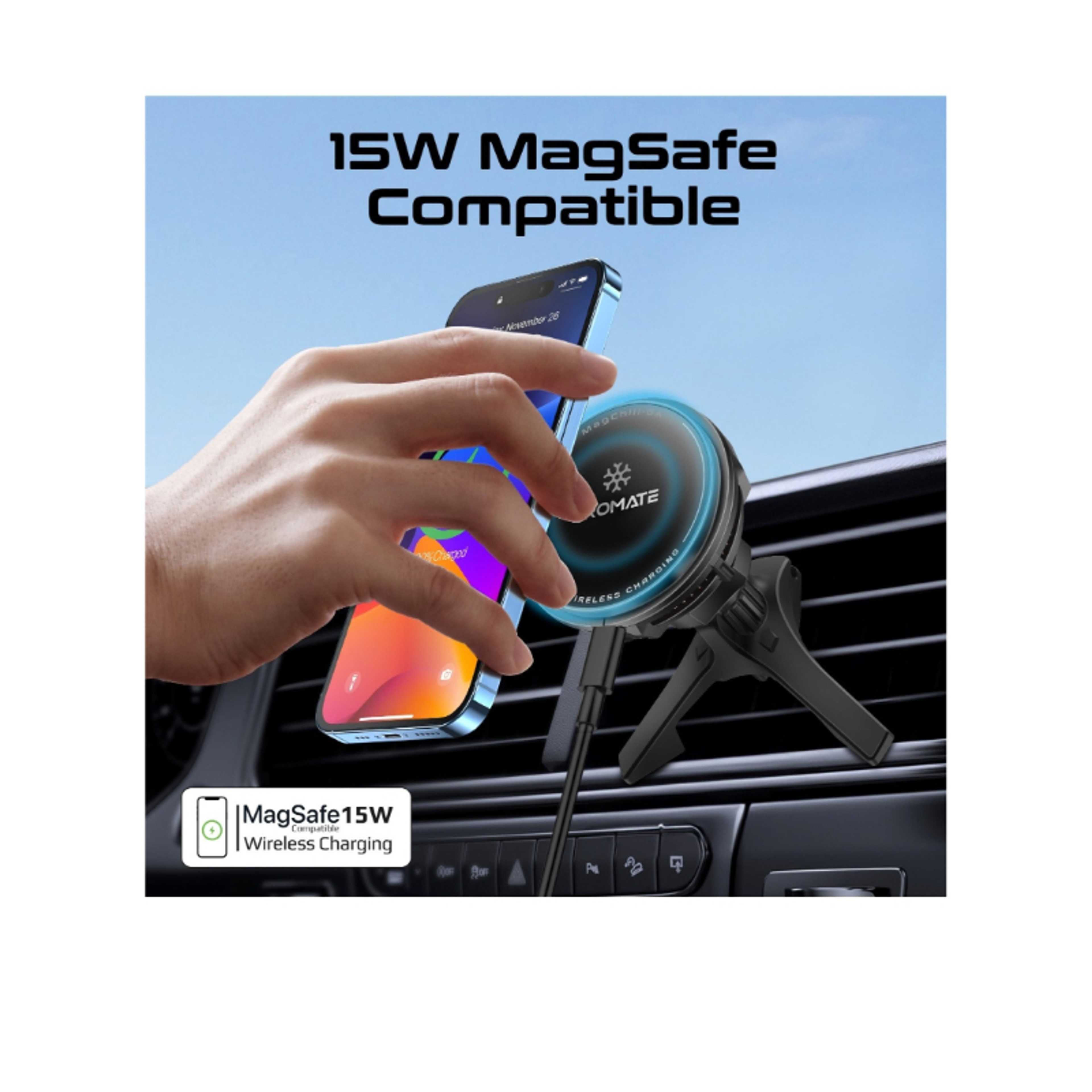 Magnetic Wireless Car Charger With Ultra-Fast MagSafe And Semiconductor Cooling 15W Output AC Vent Holder Black - Product Main Image