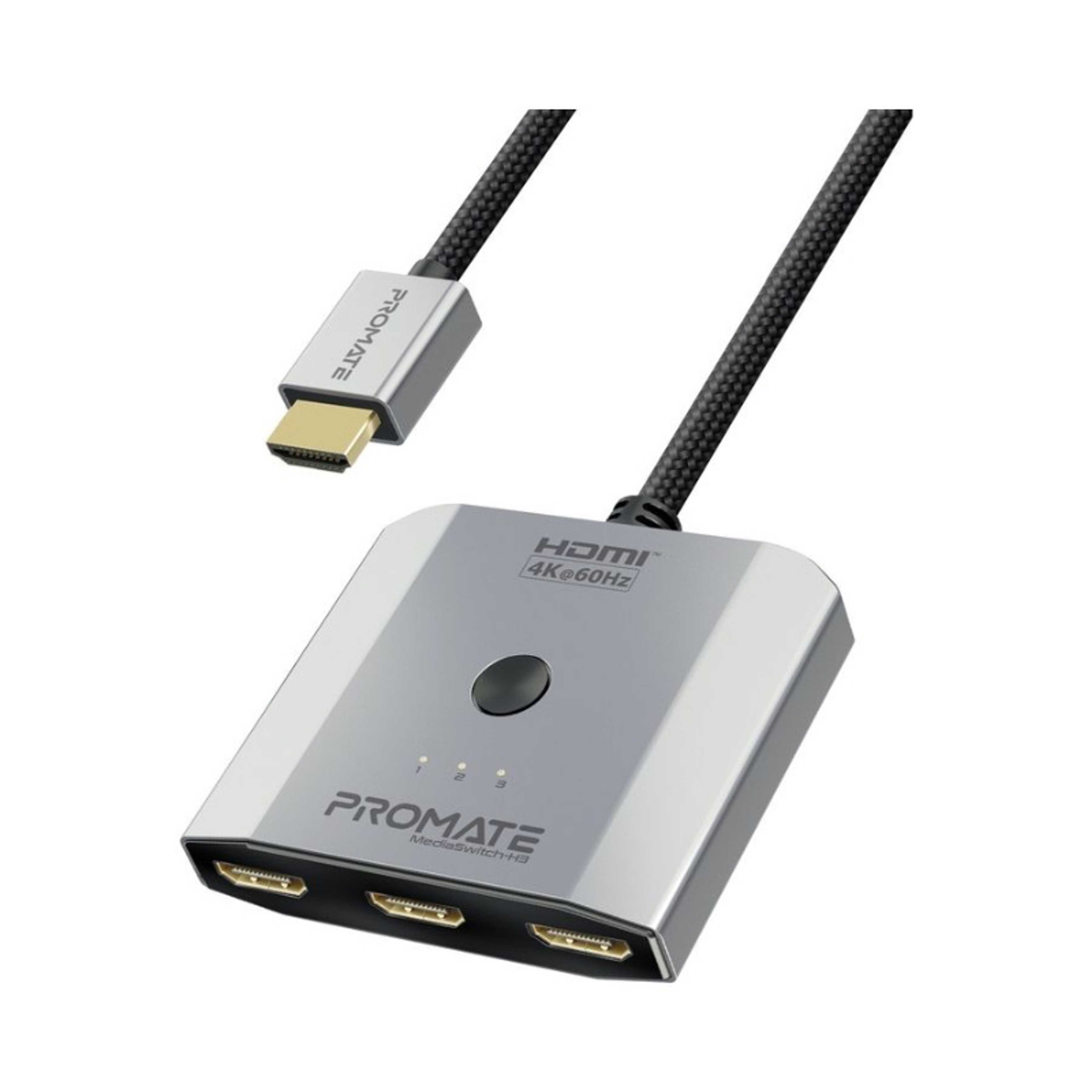Promate HDMI Switch, 3-in-1 Ultra HD 4k 60Hz HDMI Adapter Converter with Triple HDMI Ports, Compact Design, Switch Button and 50 cm Cable, MediaSwitch-H3 Silver Silver - Product Main Image