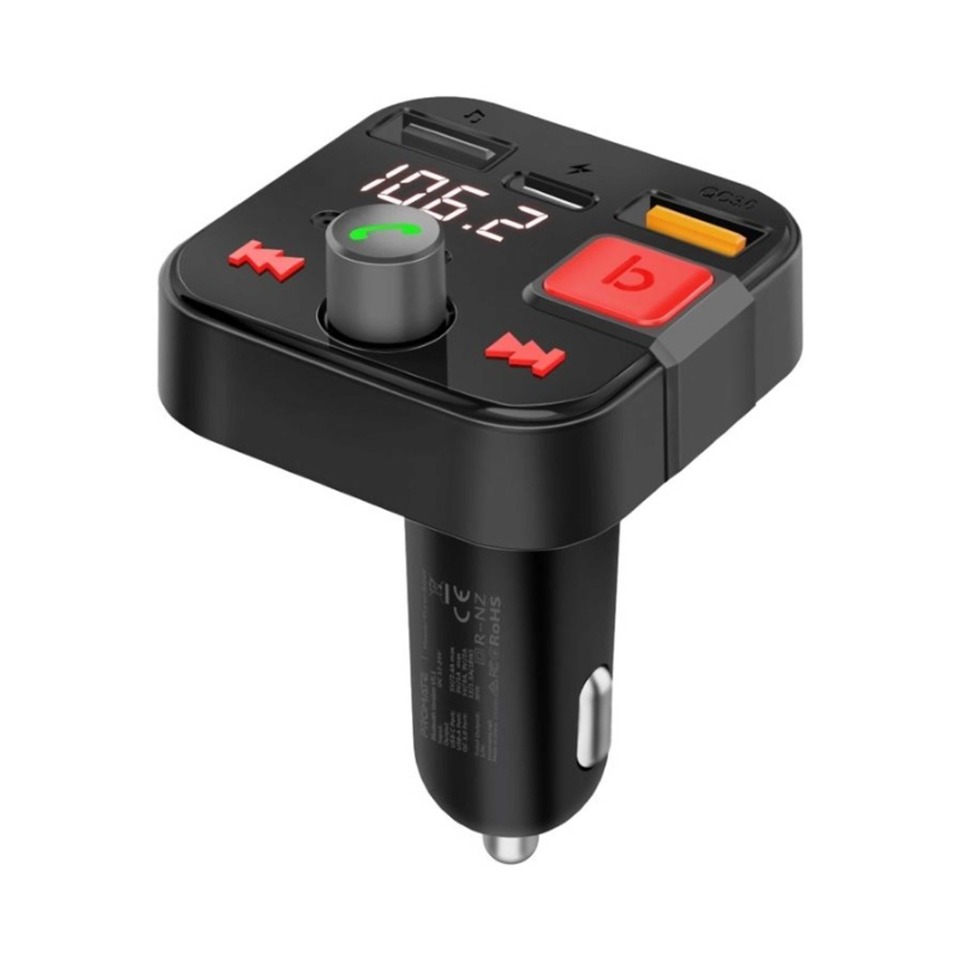 Bluetooth FM Transmitter, 30W Cigarette Lighter USB Charger Car Kit with 18W QC 3.0 Port, USB-C 12W Port, Flash Drive Input, Microphone and LCD Screen, PowerTune-30W Black - Product Main Image