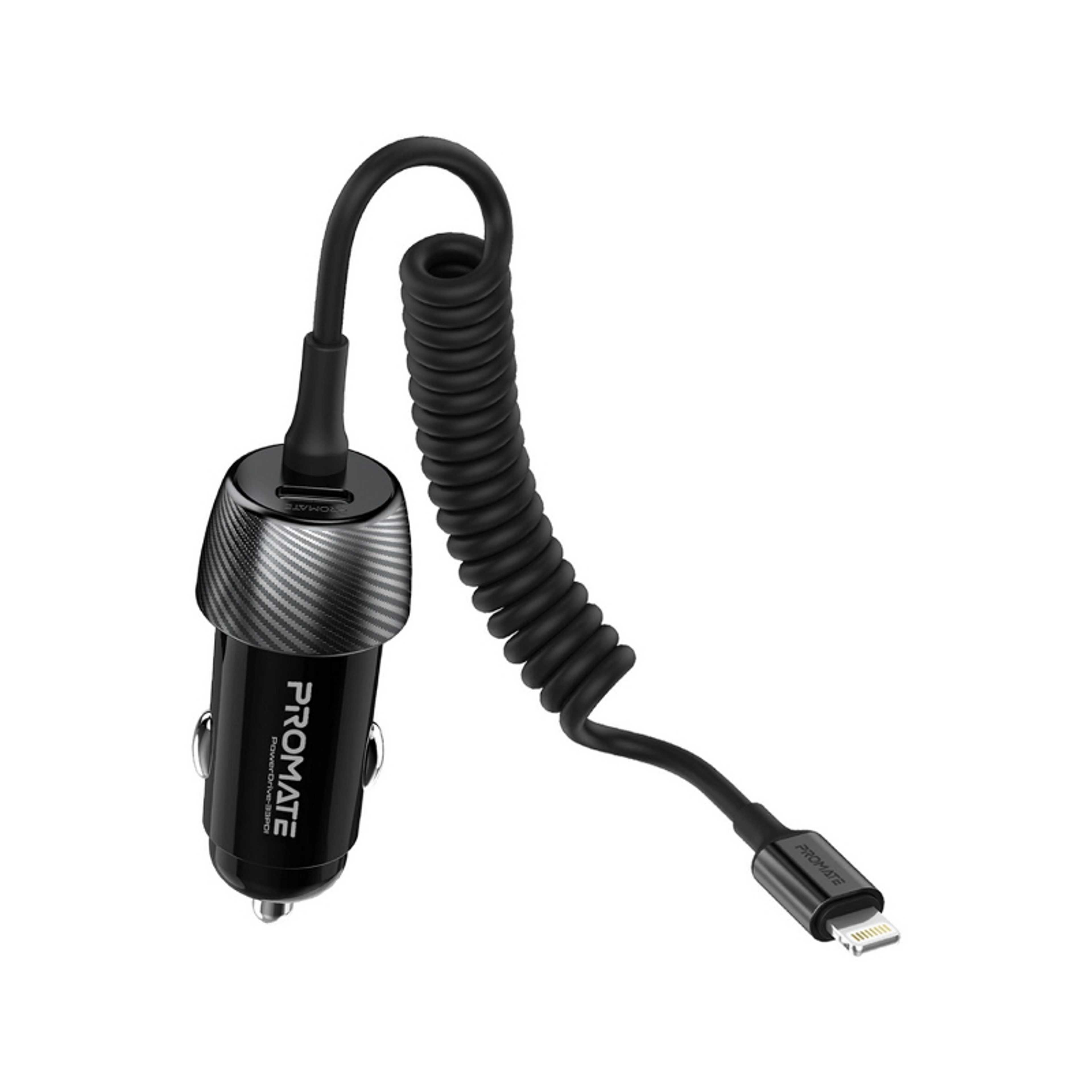33W Quick Charging Car Charger with Lightning Connector Cable Black - Product Main Image