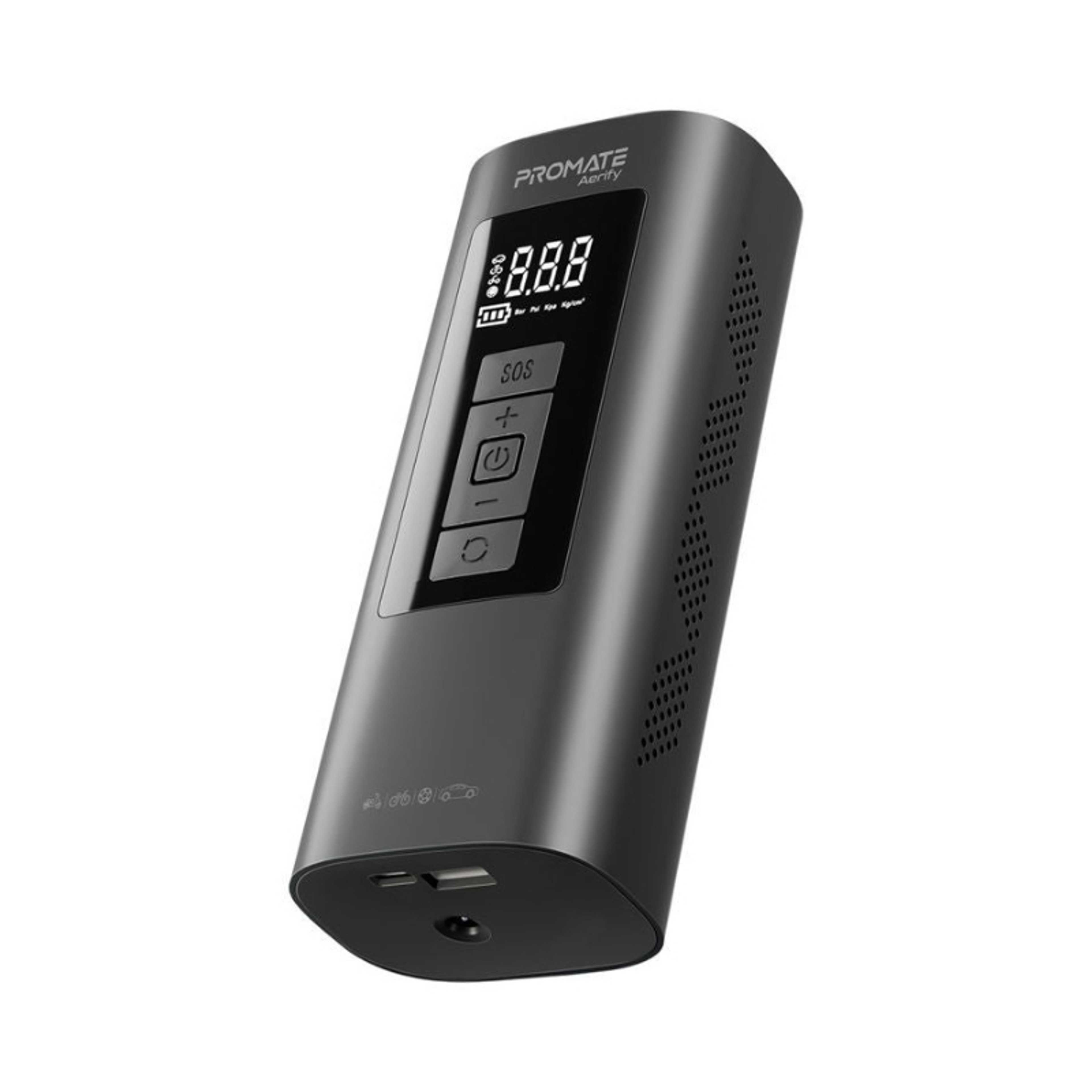 6000 mAh Portable Air Compressor, 4-In-1 Compact Electric Air Pump With Power Bank, 150Psi, Led Light, Sos Function, Safety Hammer And Built-In Tpms For Car Tires, Usb-Powered Smartphones, Aerify Black - Product Main Image