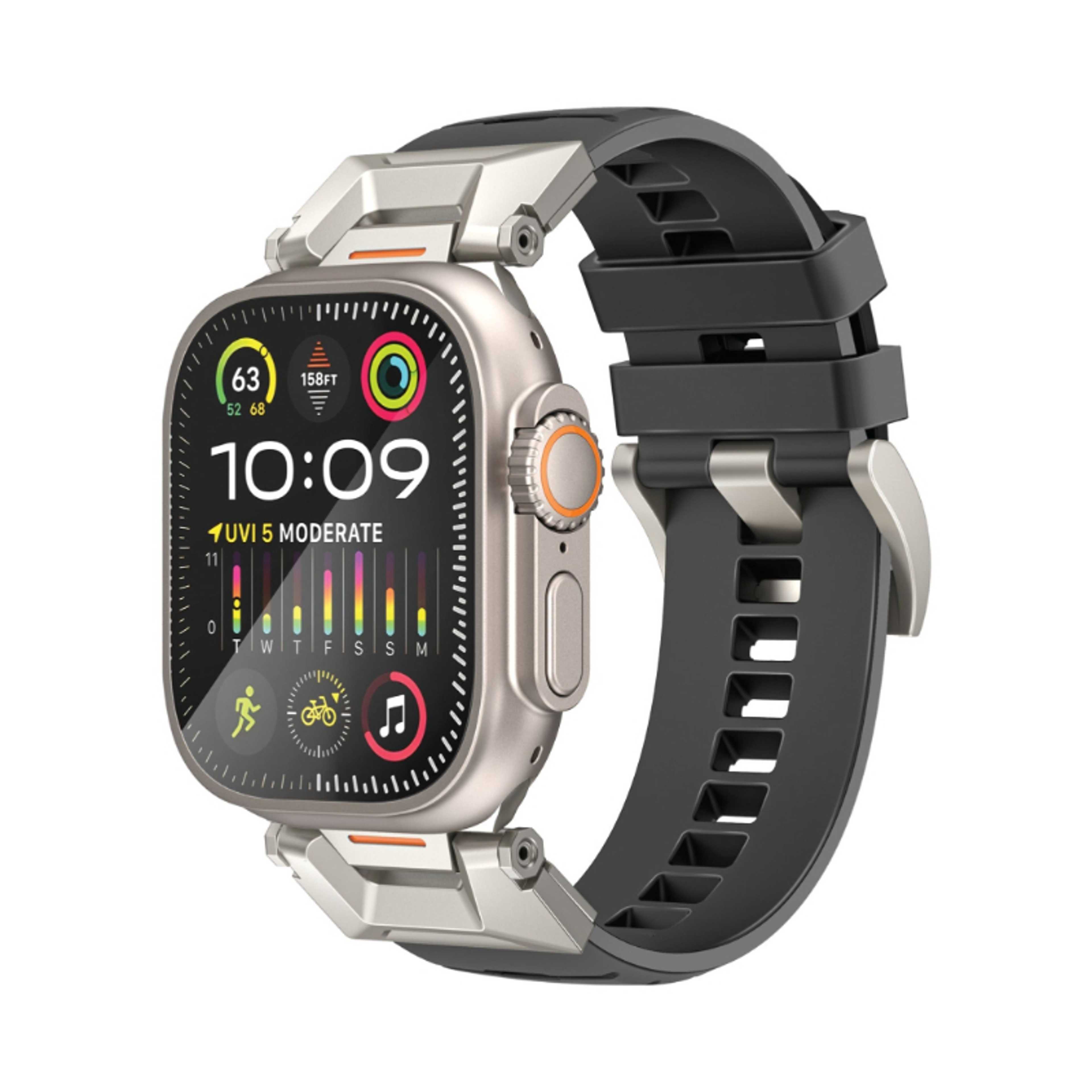 Adjustable Apple Watch Band with High-Grade SUS 304 Stainless-Steel Connectors and Buckle, Scratch-Resistant Rubber Strap, Universal Compatibility, Multi-Hole Strap and Corrosion, SilicaBand-Pro Black - Product Main Image