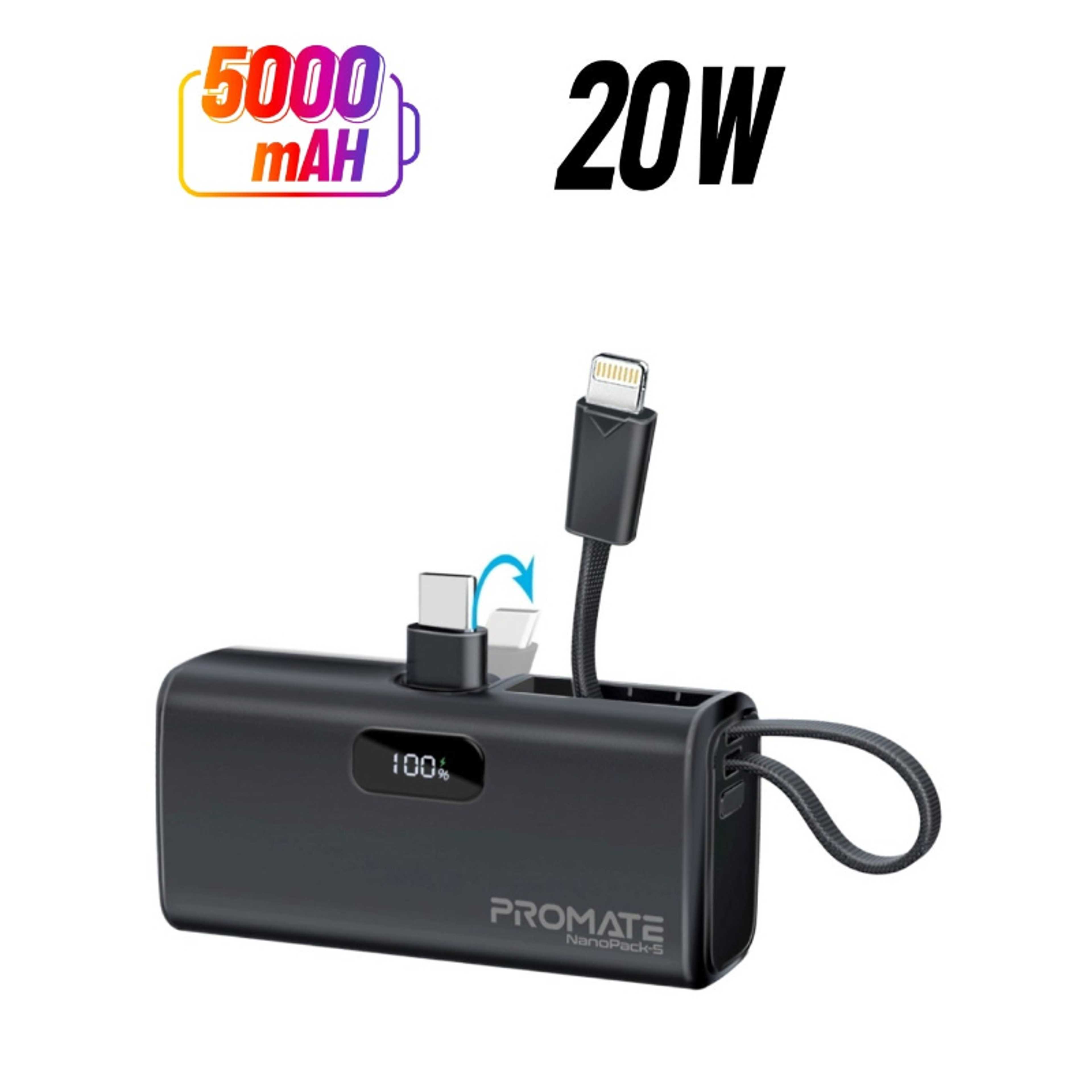 5000 mAh Compact Power Bank Universal With Portable Charger And Built-In Lightning Cable Foldable USB-C Connector LED Display Black - Product Main Image