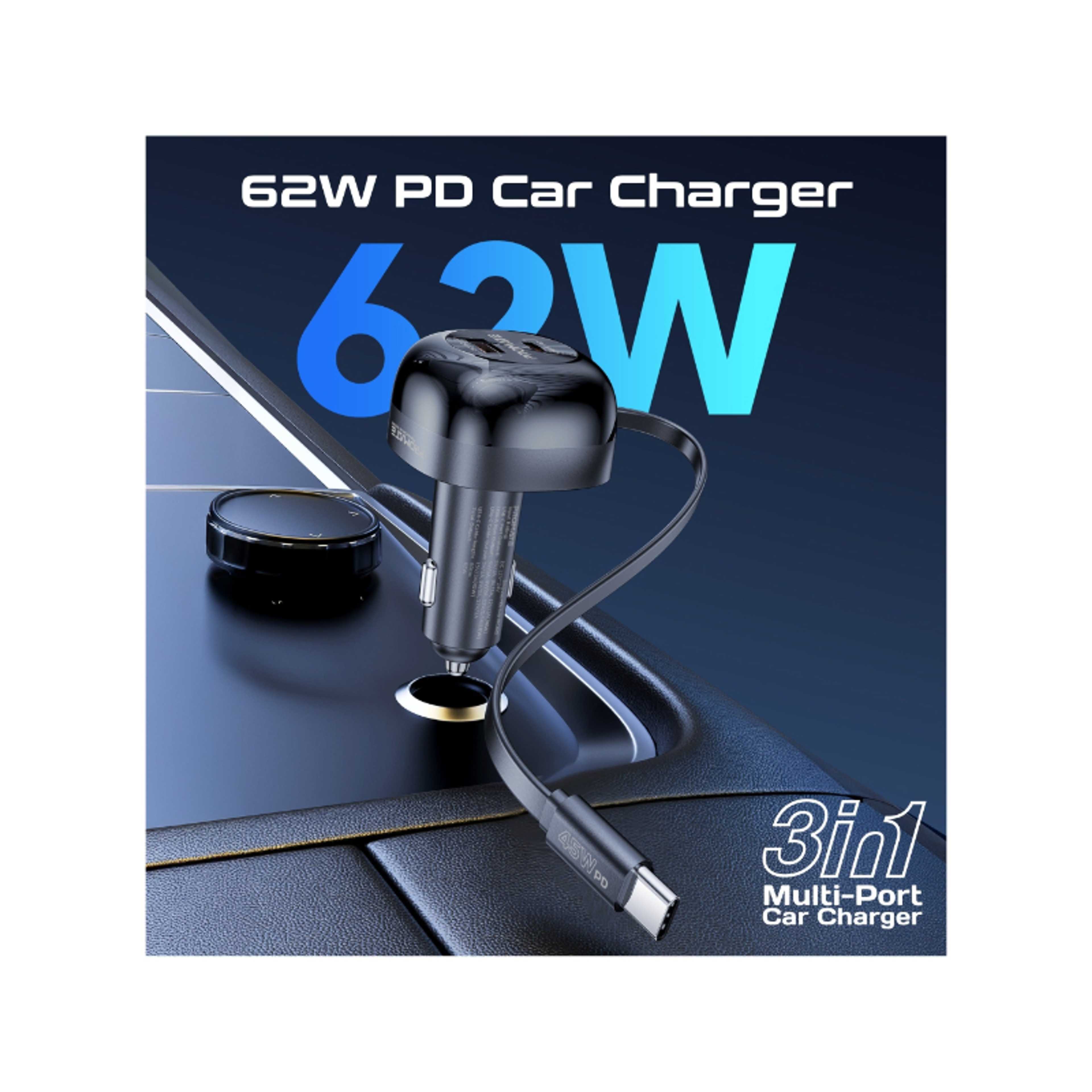 62W Multi-Port Car Charger With Retractable USB-C Cable And USB-C Port, Qualcomm Quick Charging 3.0 USB-A Black - Product Main Image