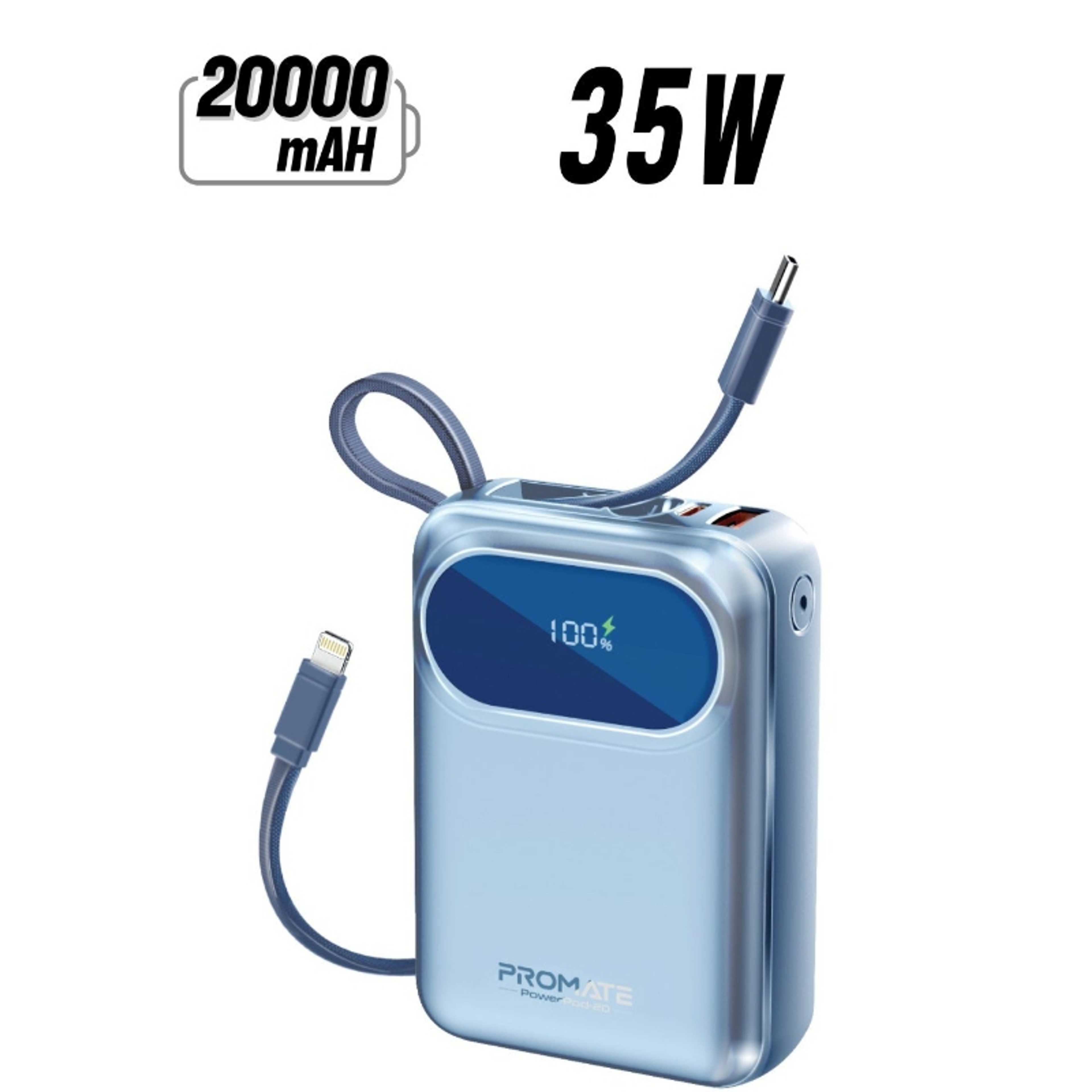 20000 mAh Power Bank with Built-In USB-C And Lightning Cables, Compact Fast Charging Power Bank, 35W USB-C Power Delivery and 27W Lightning Charging, PowerPod-20 Blue - Product Main Image