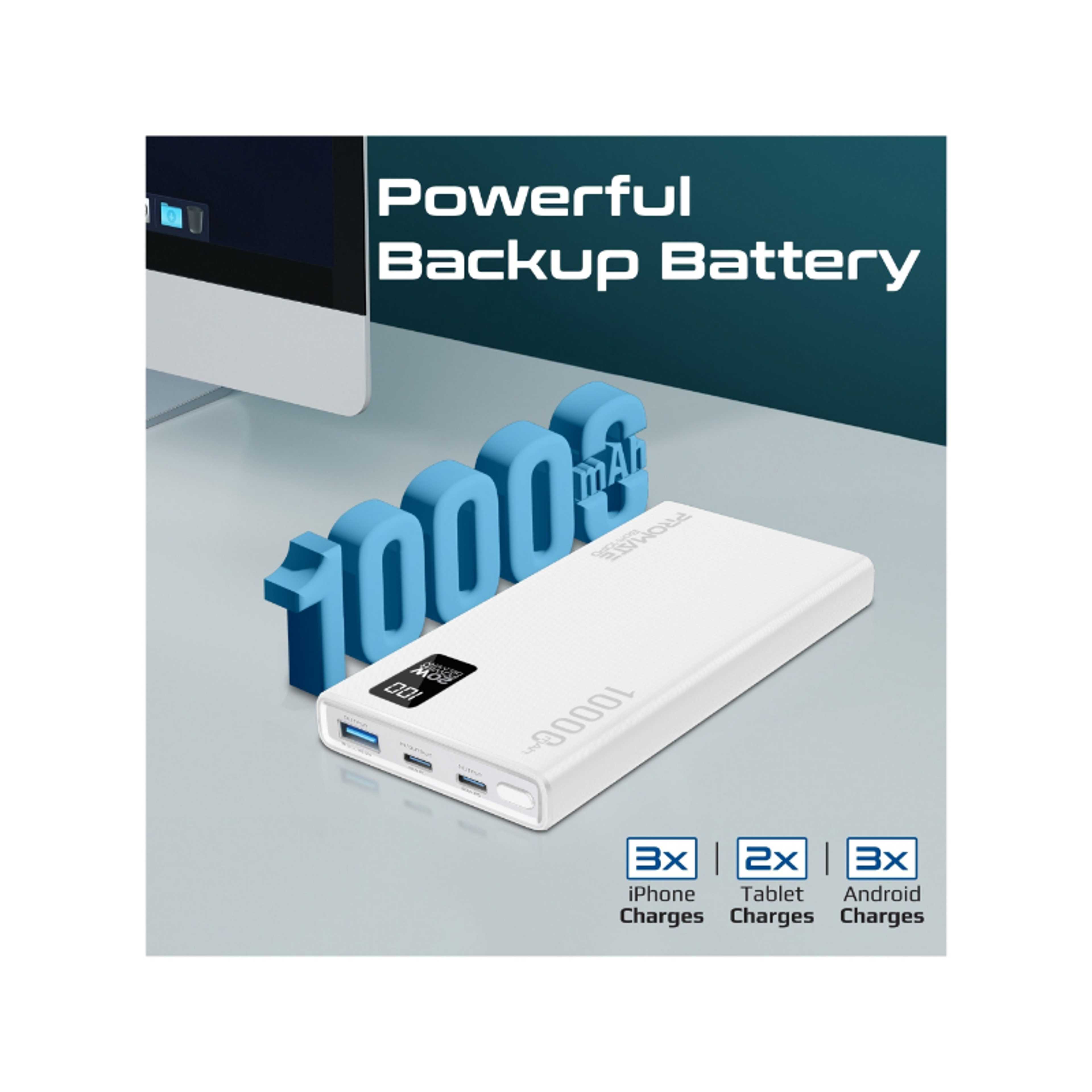 10000 mAh Power Bank Ultra-Slim with 20W USB-C Input/Output Port, QC 3.0 Output, USB-C Ports, LCD Screen, Bolt-10PD White - Product Main Image