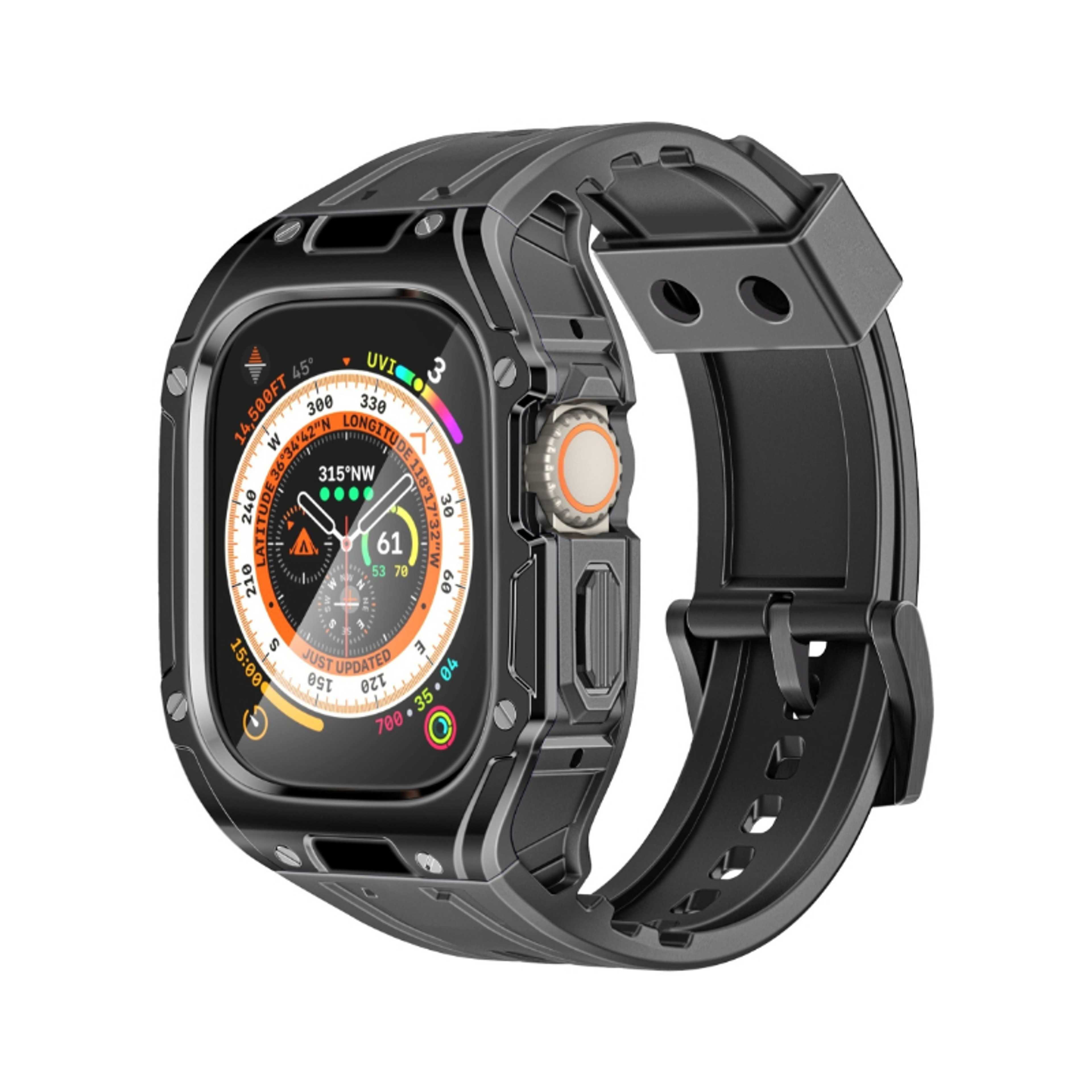 Protective Apple Watch Case and Band with Secure Stainless-Steel Buckle, Lightweight Design, Bold Aesthetic Appeal, Scratch-Resistant TPU, Ergonomic Adjustable Fit, Shock-Resistant Materials, Sweat-Resistant Build,  for Apple Watch Ultra 1&2 Black - Product Main Image