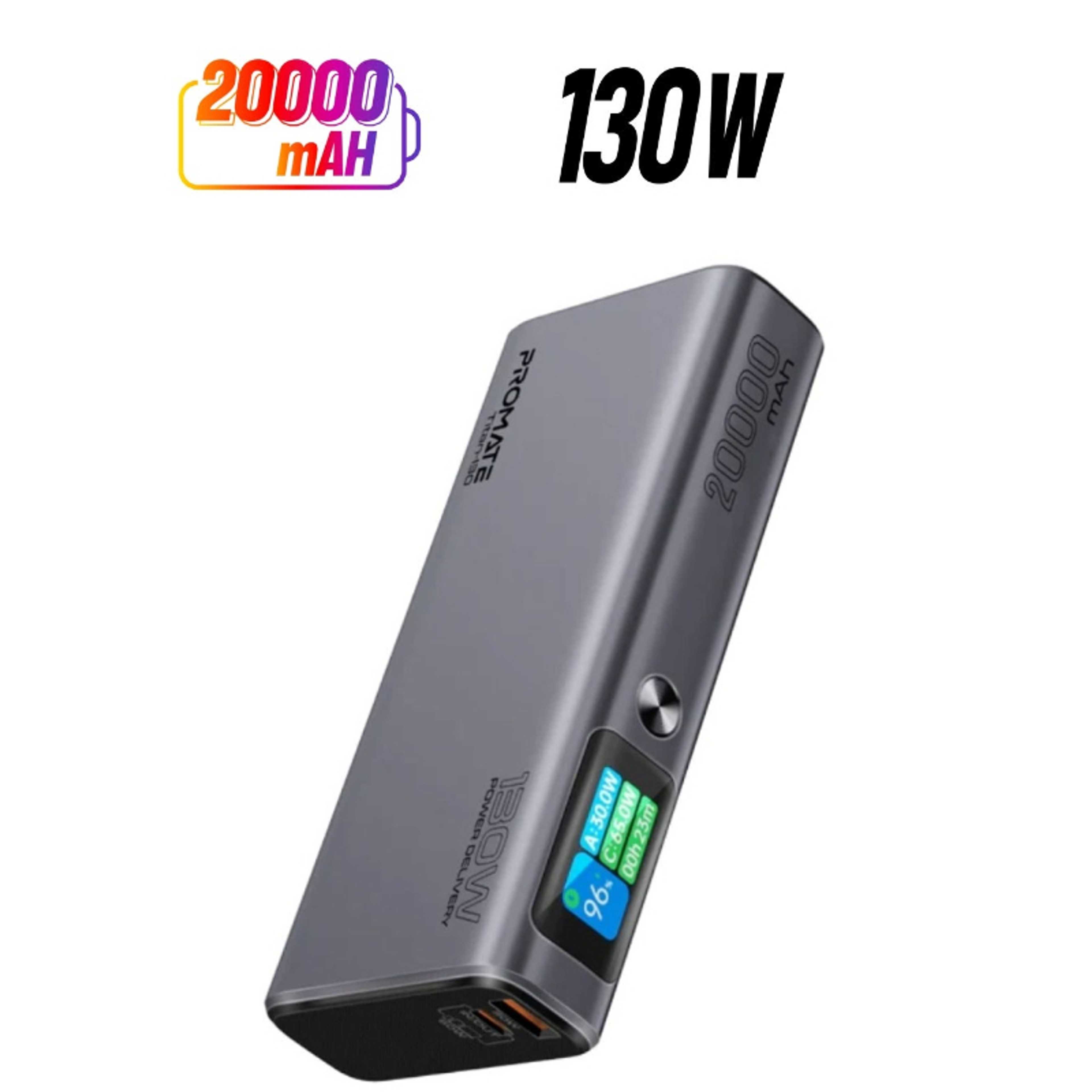 20000 mAh Power Bank, Ultra-Slim Portable Charger with 130W Power Delivery, Smart TFT LCD Screen, USB-A™ QC 3.0, Dual USB-C™ Input/Output Ports, and Over-Heating Protection, Titan-130 Grey - Product Main Image