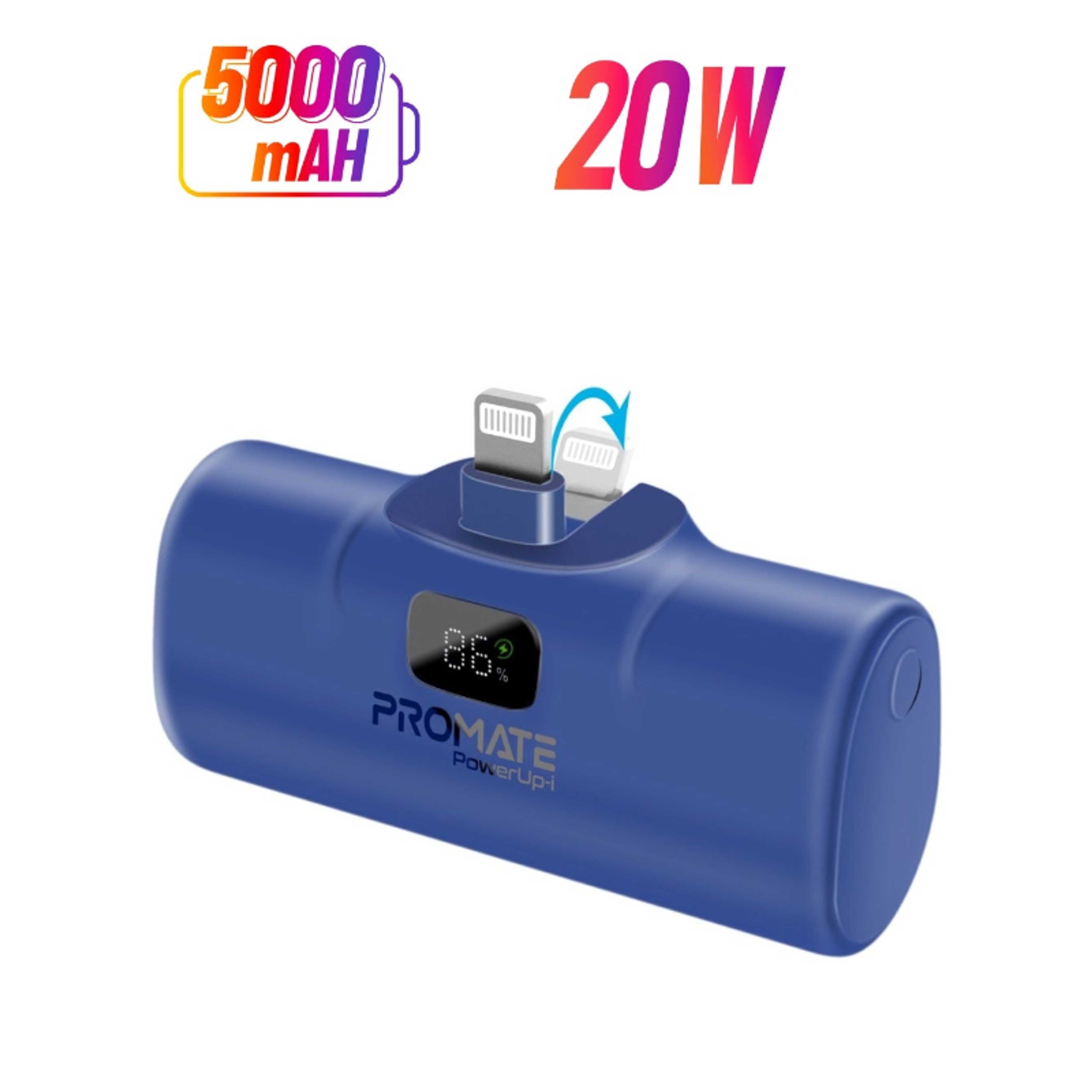 5000 mAh 5000 mAh Power Bank with Built-In Lightning Connector, Premium Mini Capsule Fast Charging, 20W USB-C Power Delivery, LED Display and Foldable Kickstand, PowerUp-i Blue - Product Main Image