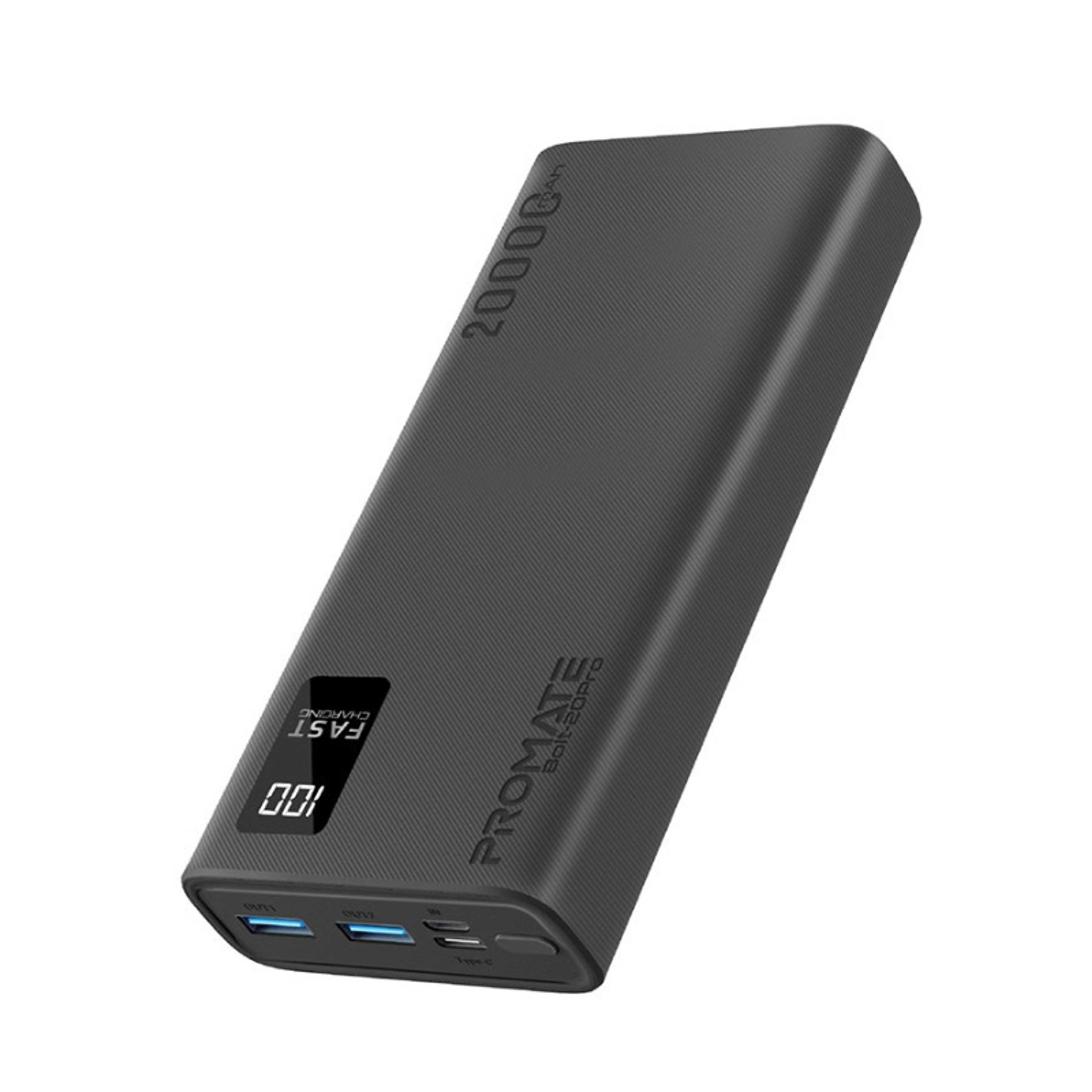 20000 mAh Bolt 20000mAh Compact Smart Charging Power Bank with Dual USB-A & USB-C Output 10W Black - Product Main Image