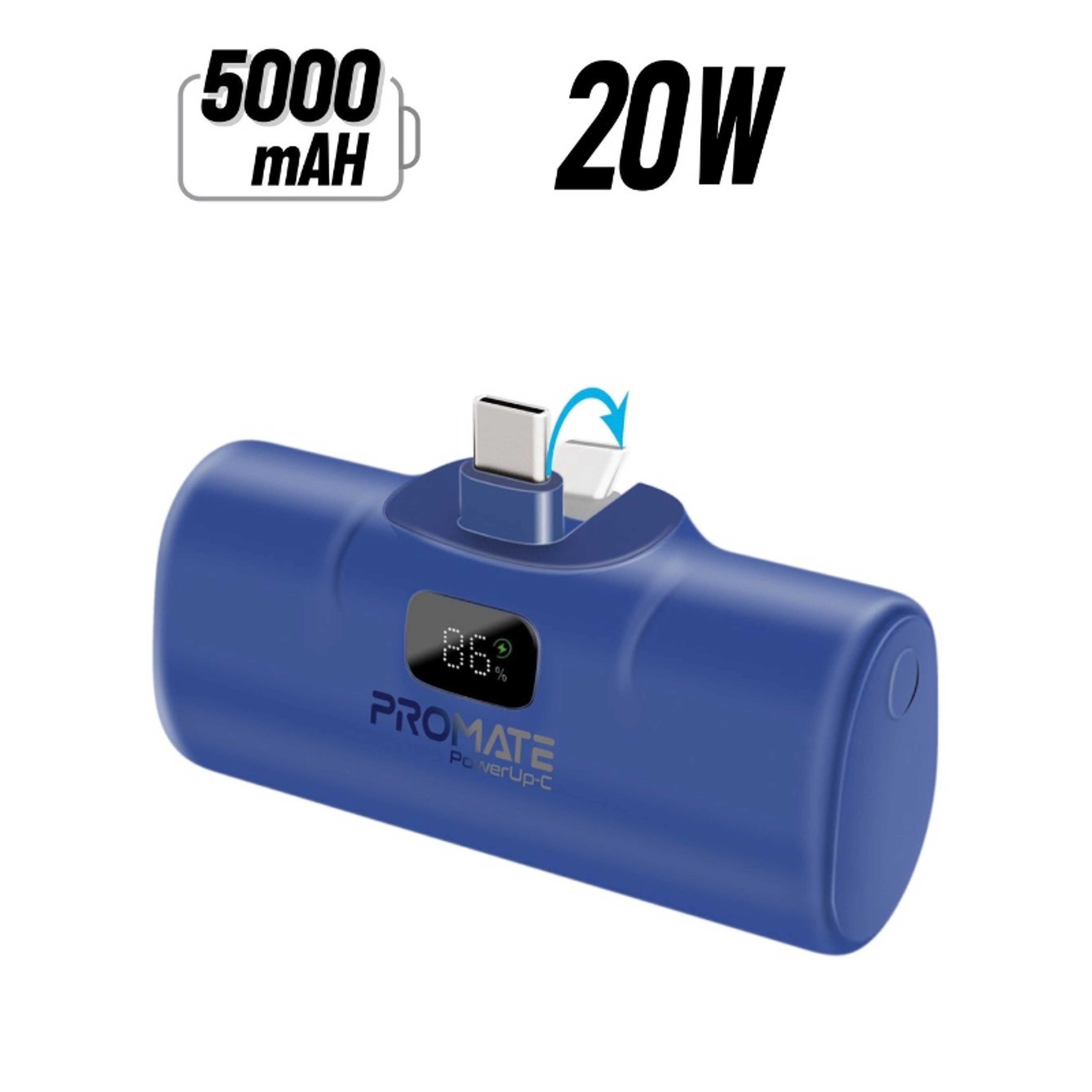 5000 mAh 5000 mAh Power Bank with Built-In USB-C Connector, Premium Mini Capsule Fast Charging, 20W USB-C Power Delivery, LED  Display and Foldable Kickstand, PowerUp-C Blue - Product Main Image