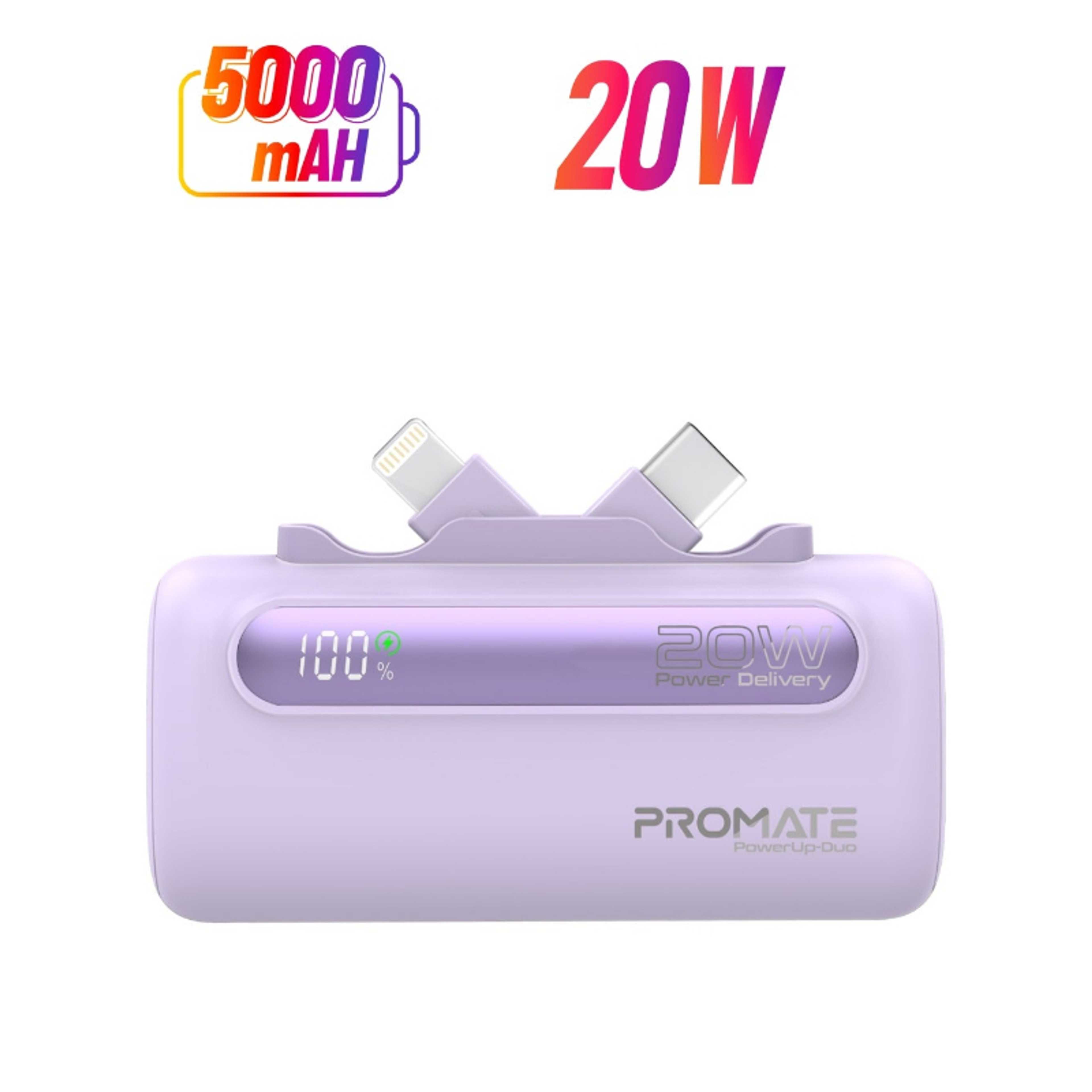 5000 mAh Mini Power Bank With 20W USB-C™ In/Out Foldable Connector, 12W Lightning Foldable Connector, LED Display, PowerUp-Duo Purple - Product Main Image