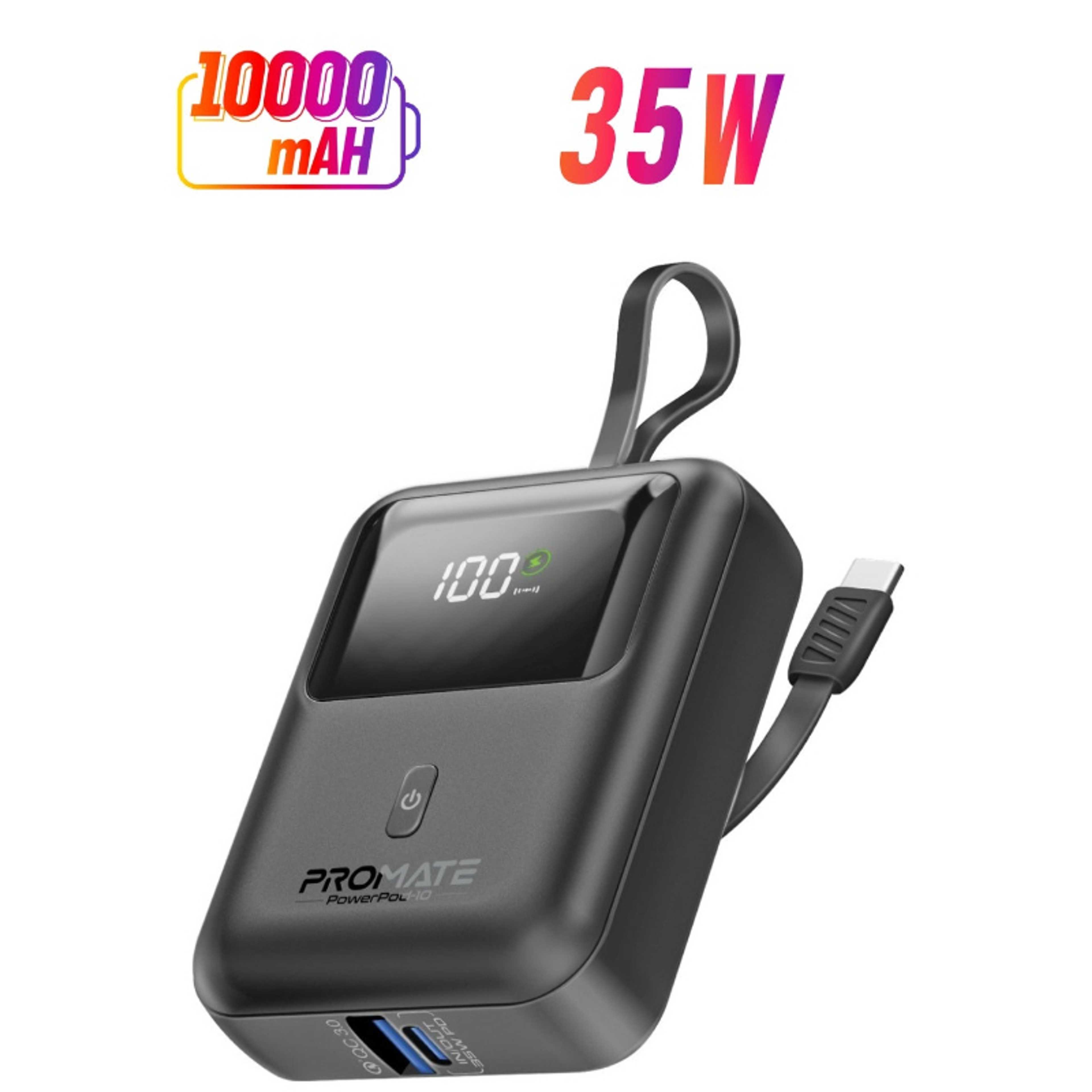 10000 mAh 10000 mAh Power Bank with Built-In USB-C Cable, Compact Fast Charging Power Bank, 35W USB-C Power Delivery and 18W USB-A Qualcomm QC 3.0 Port, PowerPod-10 Black - Product Main Image