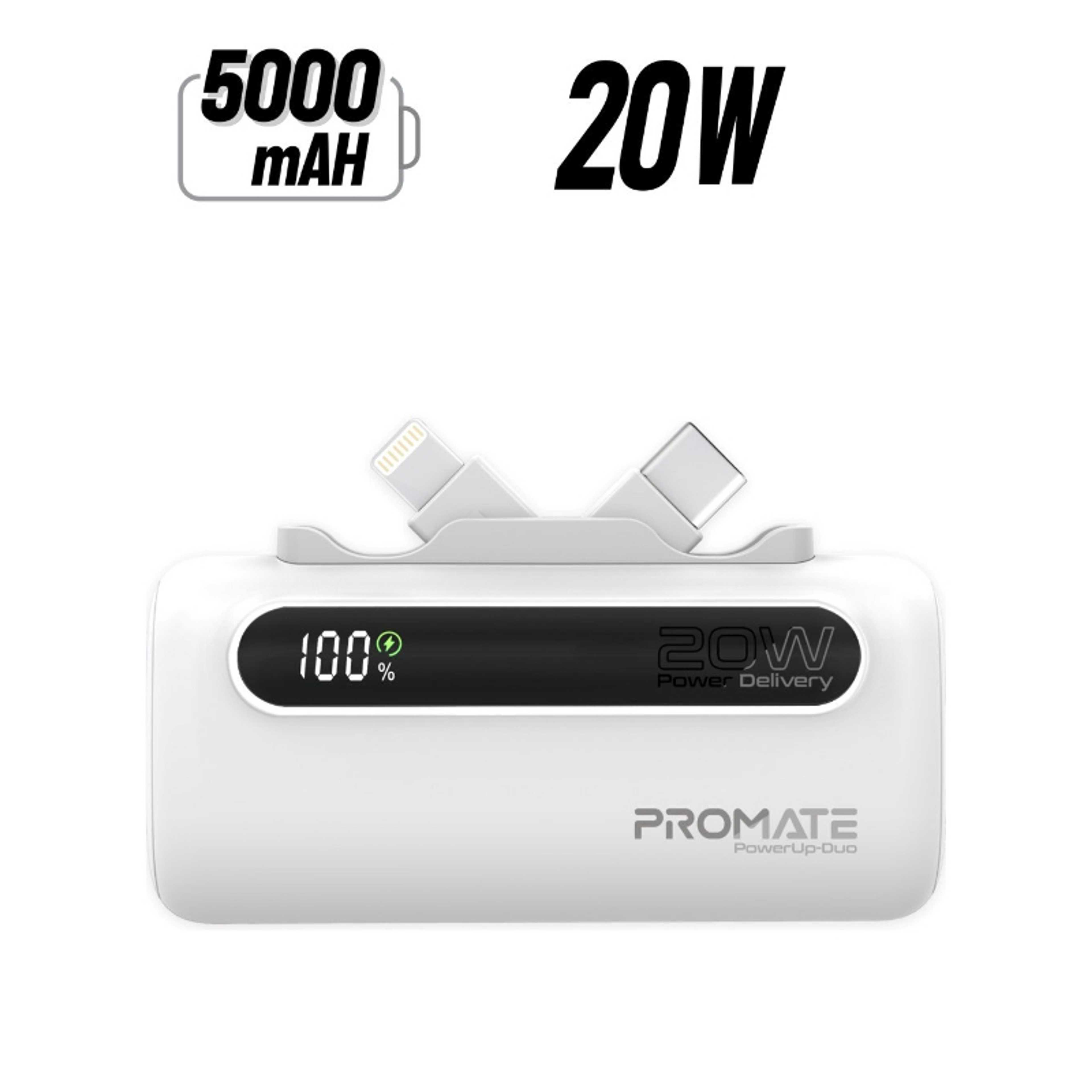 5000 mAh Mini Power Bank With 20W USB-C™ In/Out Foldable Connector, 12W Lightning Foldable Connector, LED Display, PowerUp-Duo White - Product Main Image