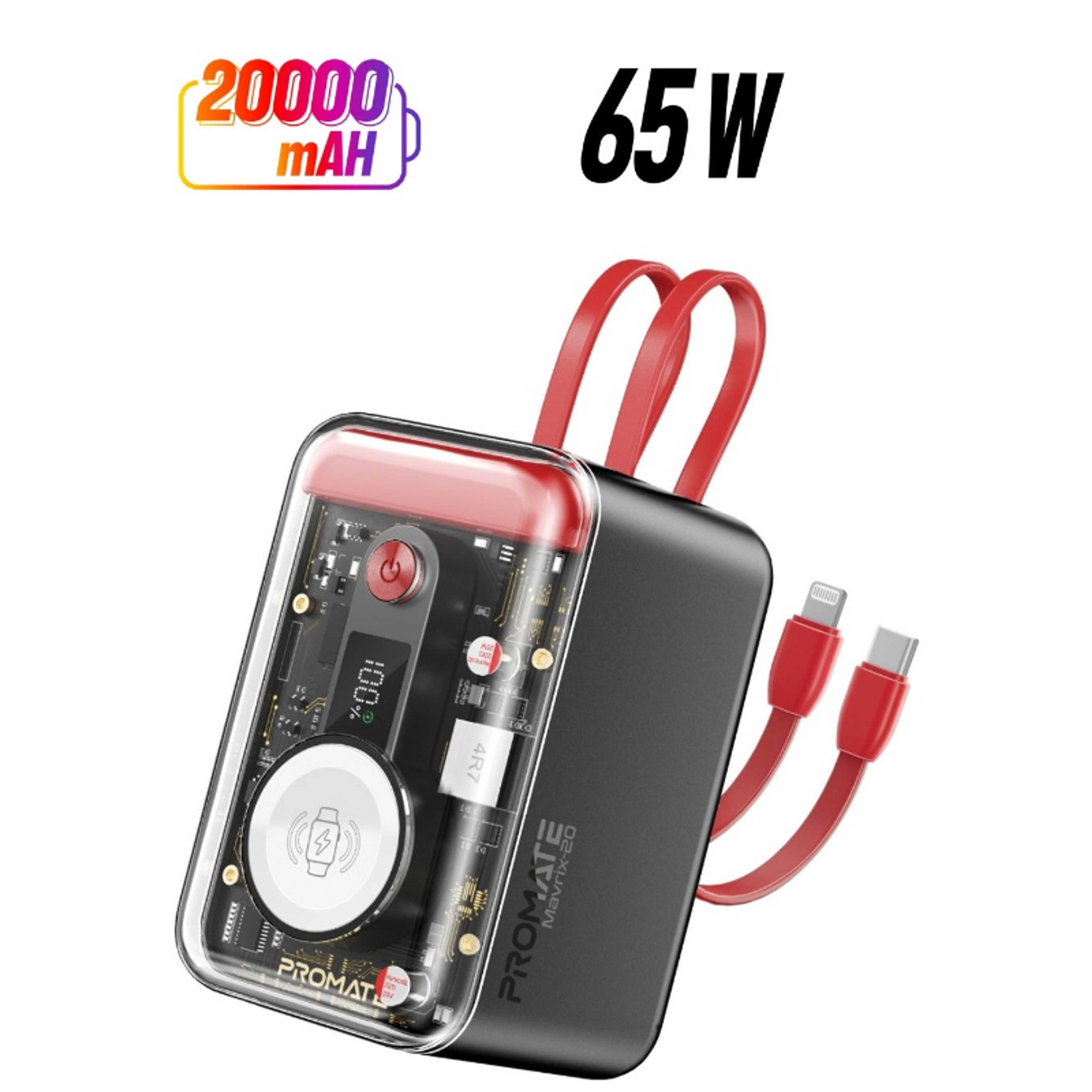 20000 mAh Promate 5-In-1 Power Bank, Universal Charger with Built-In USB-C,Lightning Cables, PD65W USB-C Port,27W USB-A Port,3W Apple Watch Charger, Mavrix-20.Red Red - Product Main Image
